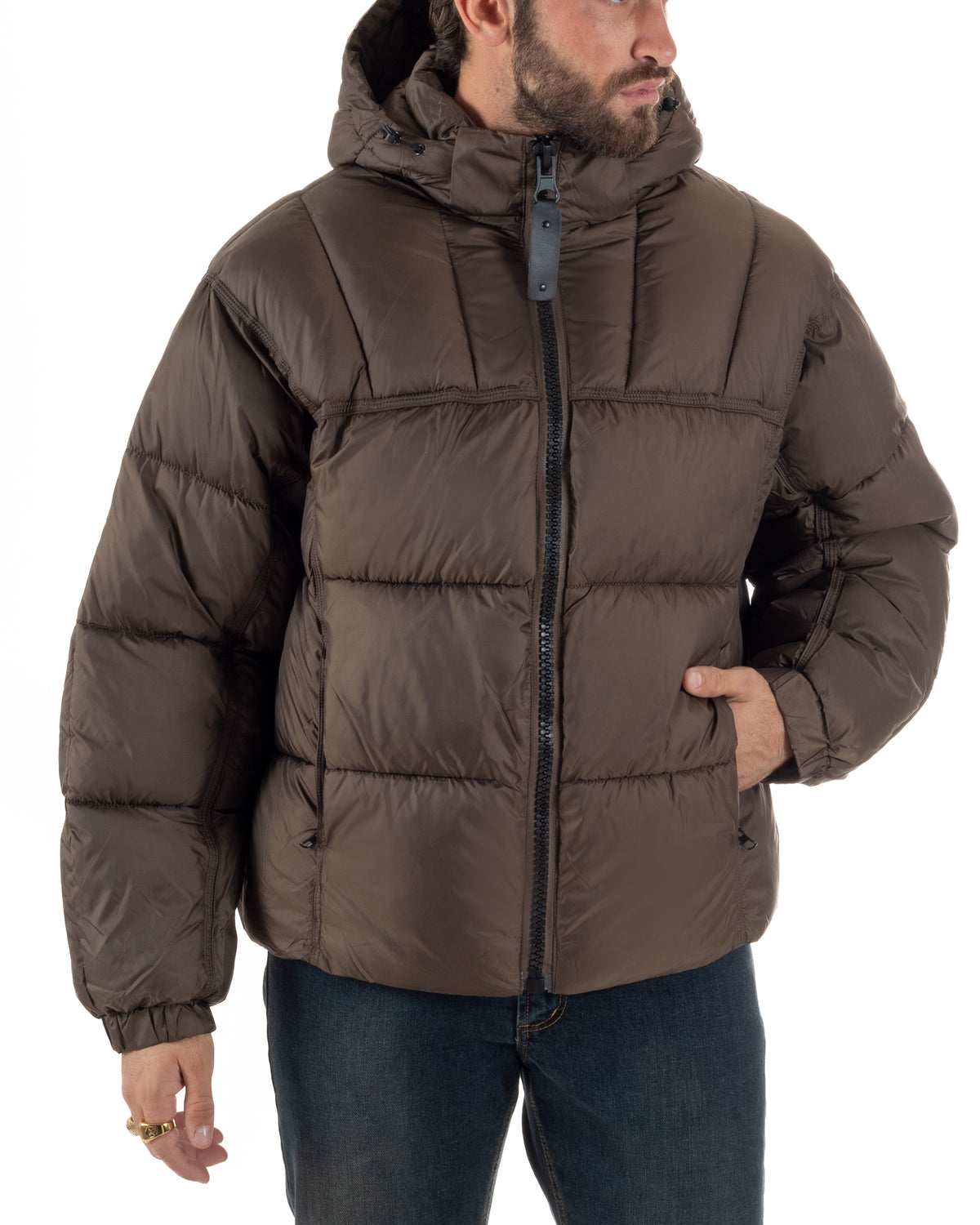 Giubbotto uomo oversize piumino zip collo alto puffer cappuccio marrone GIOSAL-G3452A