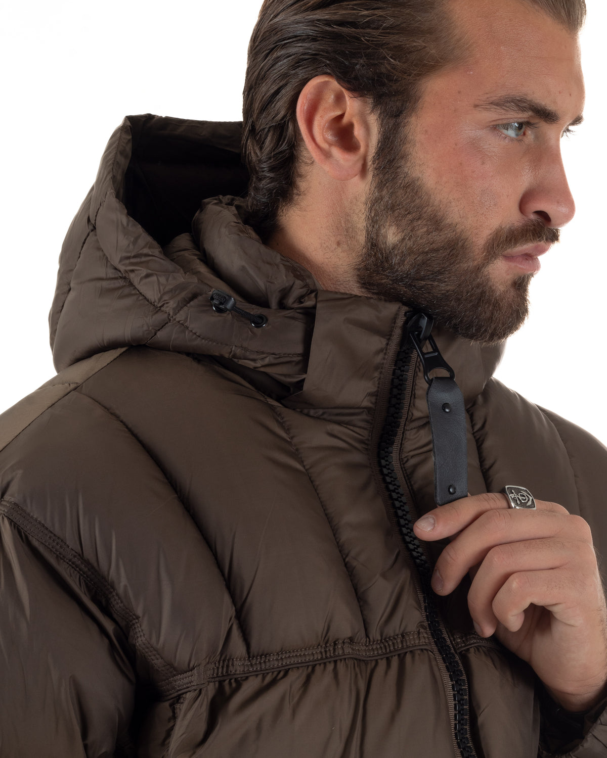 Giubbotto uomo oversize piumino zip collo alto puffer cappuccio marrone GIOSAL-G3452A