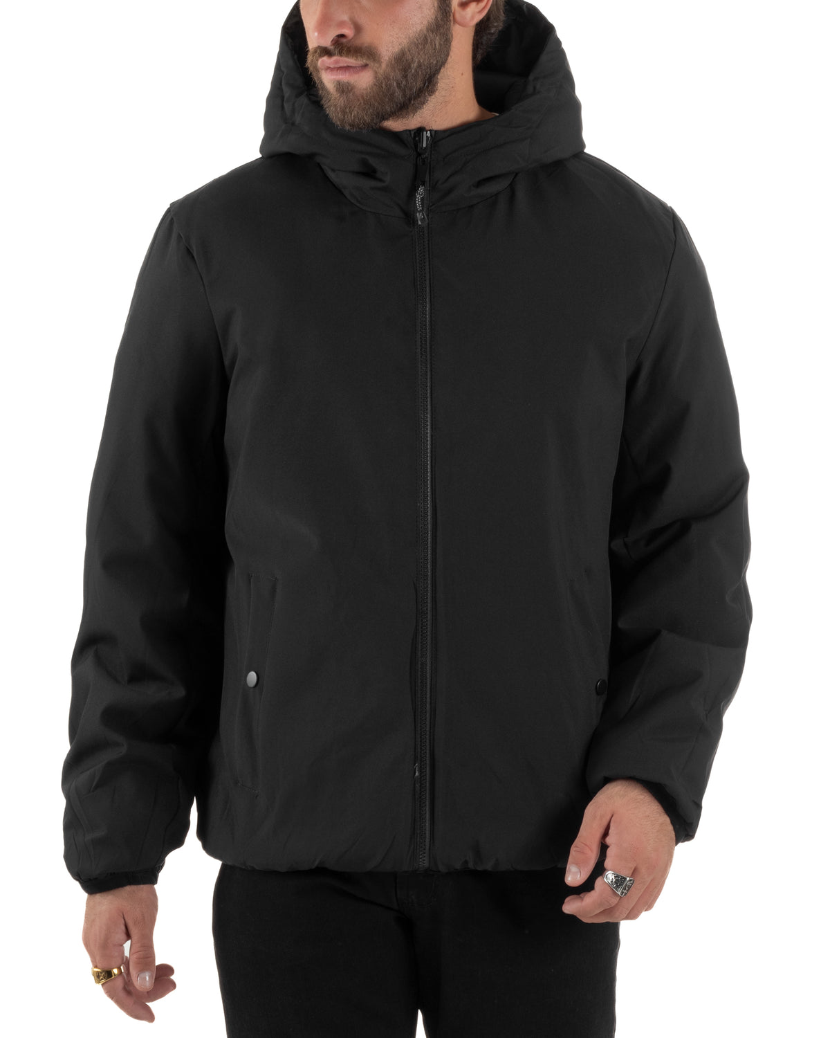 Giubbotto double face uomo piumino zip cappuccio fantasia geometrica nero GIOSAL-G3453A