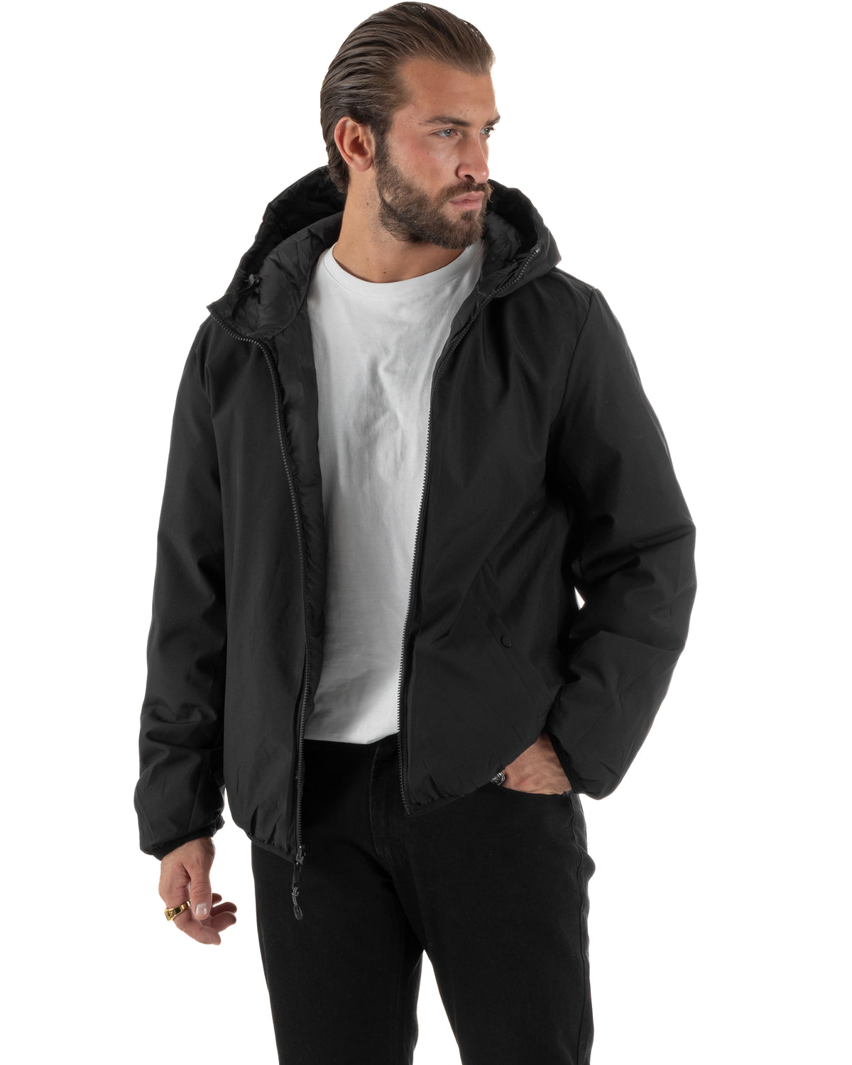 Giubbotto double face uomo piumino zip cappuccio fantasia geometrica nero GIOSAL-G3453A