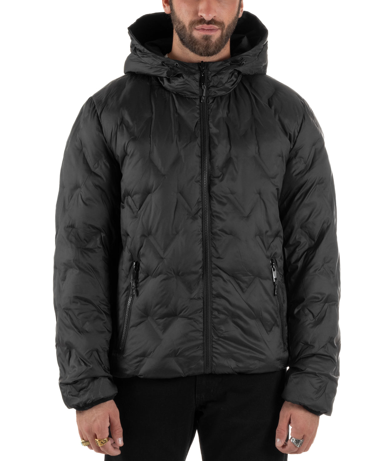 Giubbotto double face uomo piumino zip cappuccio fantasia geometrica nero GIOSAL-G3453A