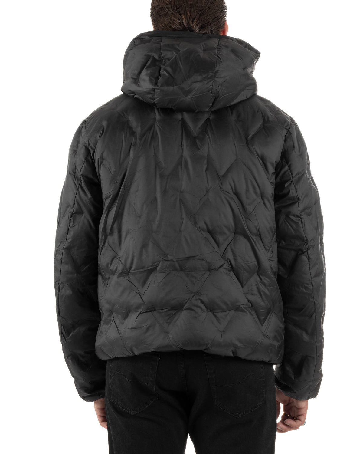 Giubbotto double face uomo piumino zip cappuccio fantasia geometrica nero GIOSAL-G3453A