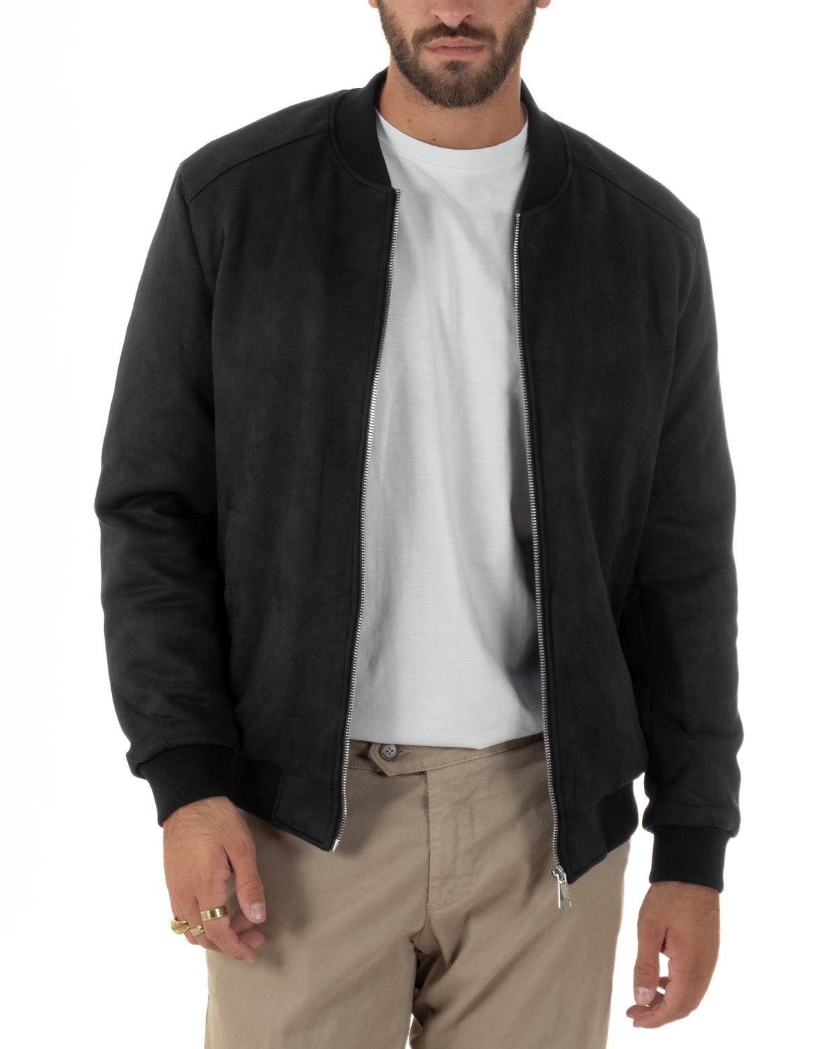 Giubbotto bomber uomo camoscio college zip nero GIOSAL-G3454A