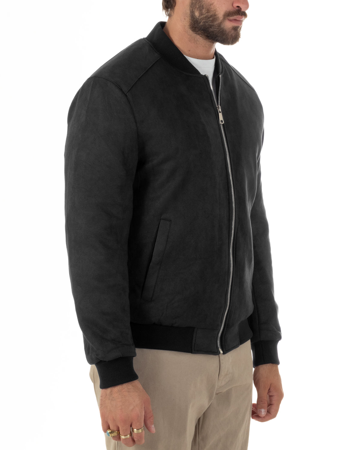 Giubbotto bomber uomo camoscio college zip nero GIOSAL-G3454A