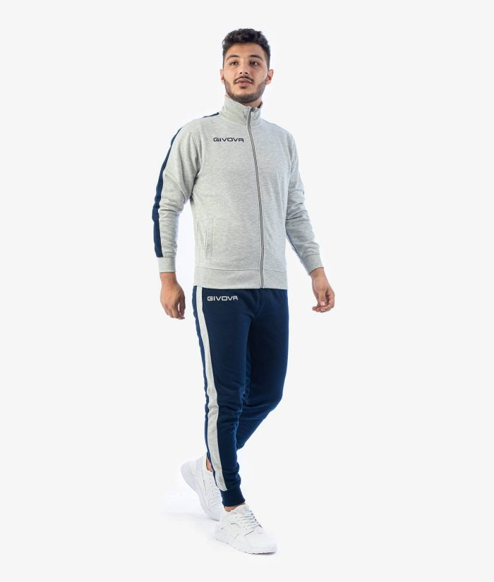 Tuta GIVOVA REVOLUTION GRIGIO MELANGE BLU Felpa Garzata Set Unisex Bicolore Sportivo Felpa Con Zip Pantaloni Tracksuit Da Ginnastica GIOSAL