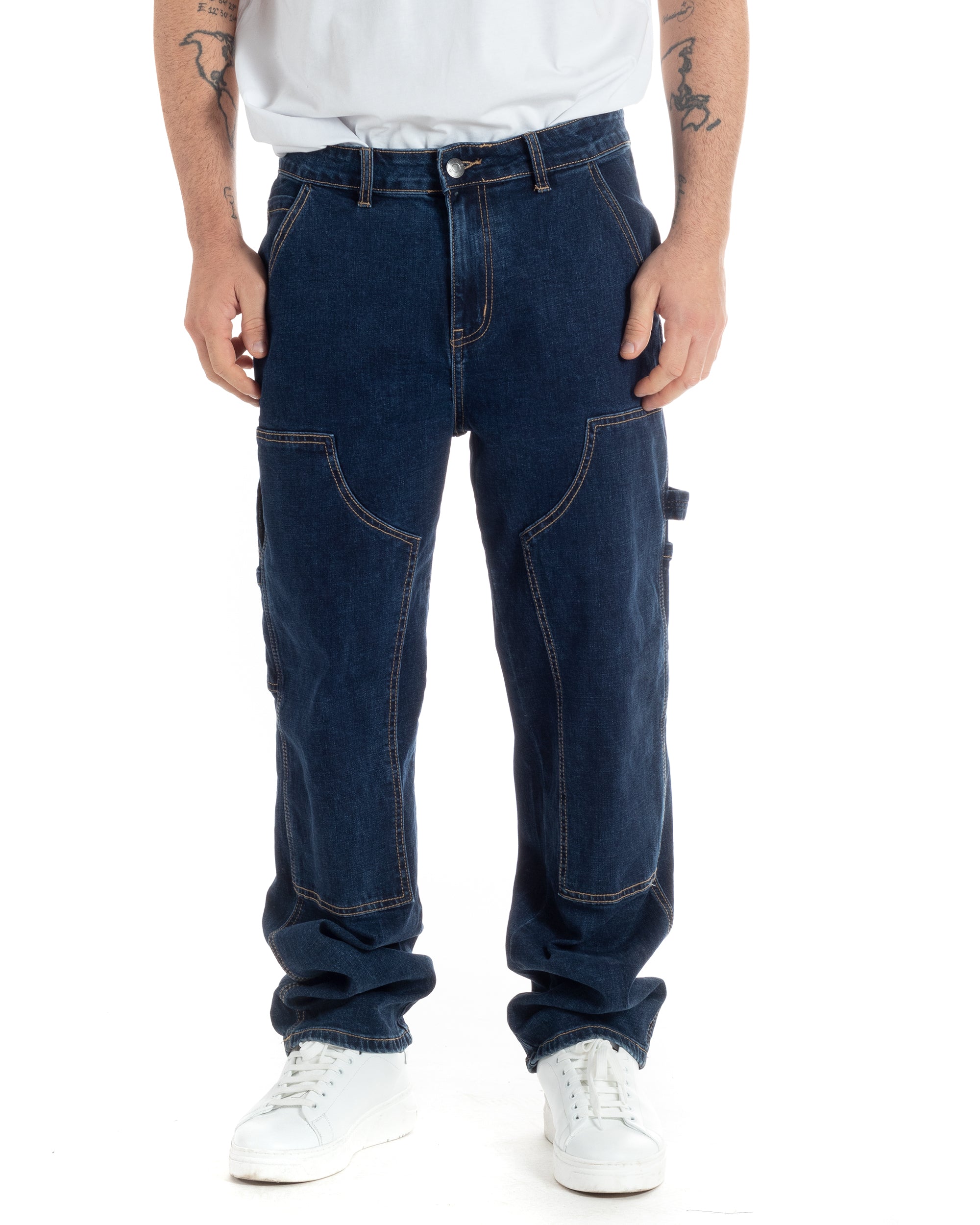 Pantaloni Jeans Uomo Baggy Fit Carpenter Worker Cargo Denim Scuro GIOSAL-JS1000A