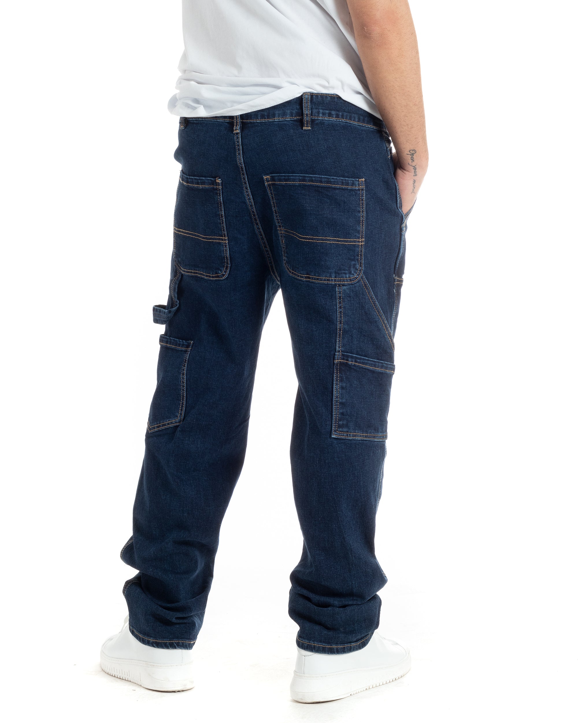 Pantaloni Jeans Uomo Baggy Fit Carpenter Worker Cargo Denim Scuro GIOSAL-JS1000A
