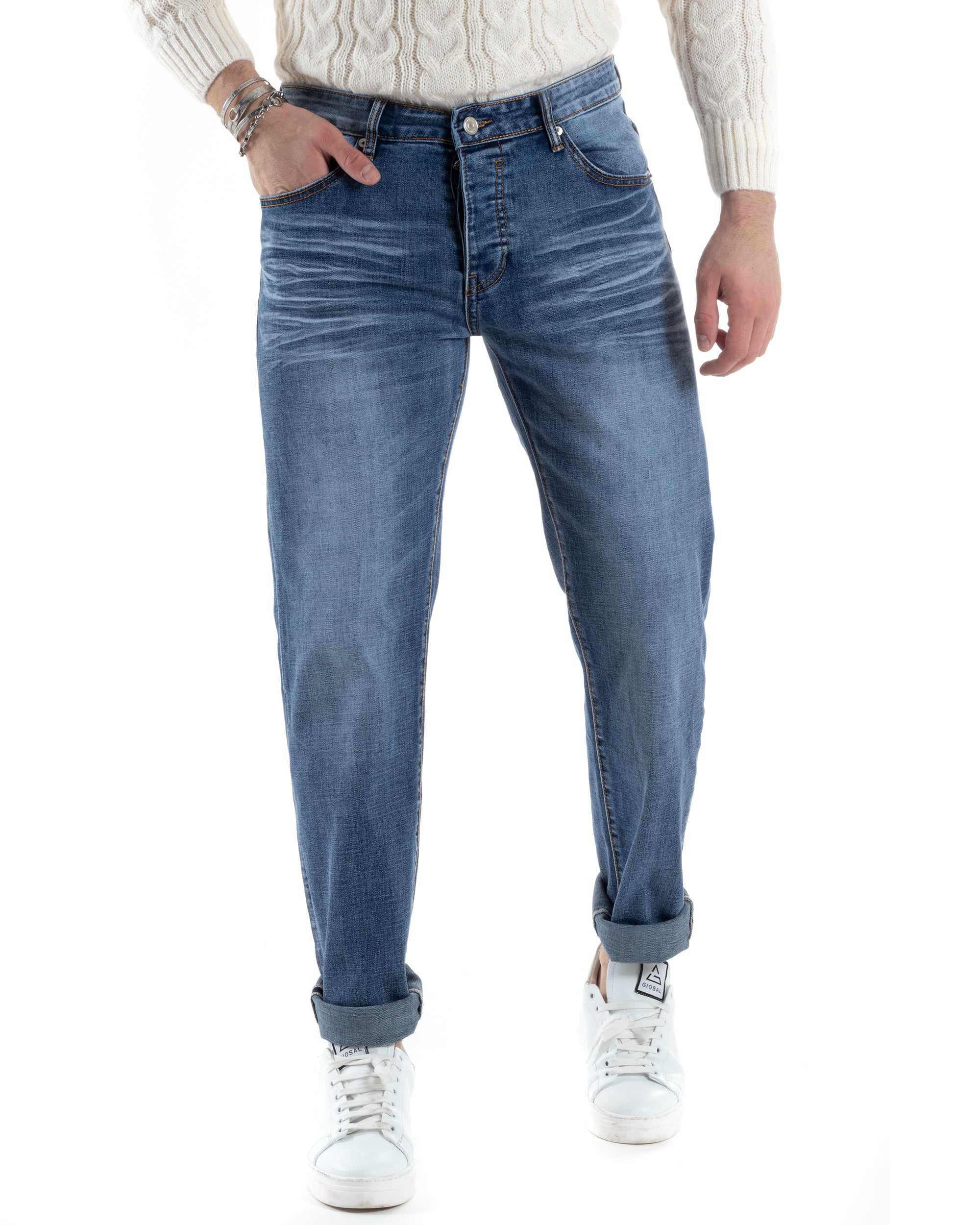 Pantaloni Uomo Jeans Cinque Tasche Slim Fit Basic Blu Denim Stone Washed GIOSAL-JS1006A
