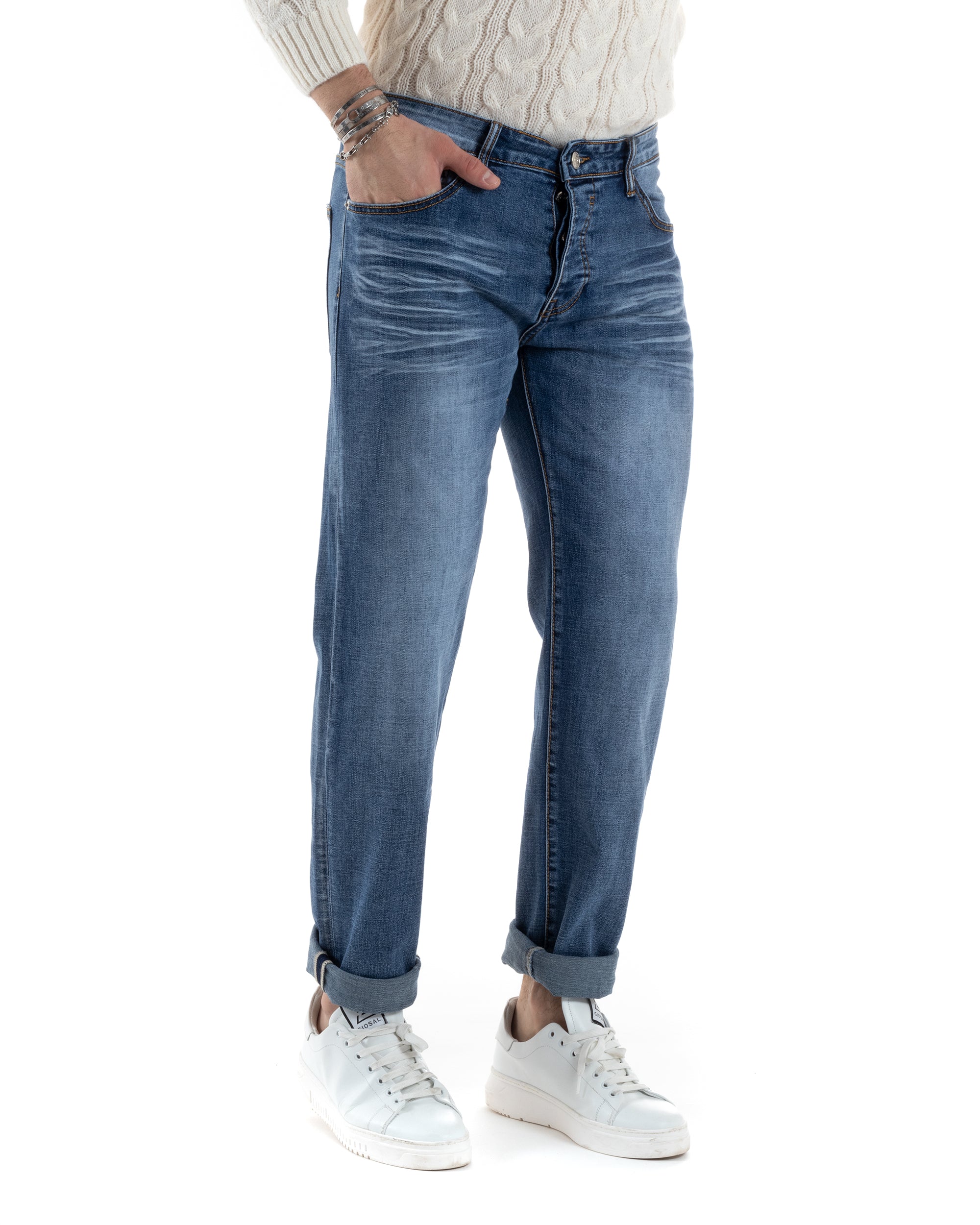 Pantaloni Uomo Jeans Cinque Tasche Slim Fit Basic Blu Denim Stone Washed GIOSAL-JS1006A