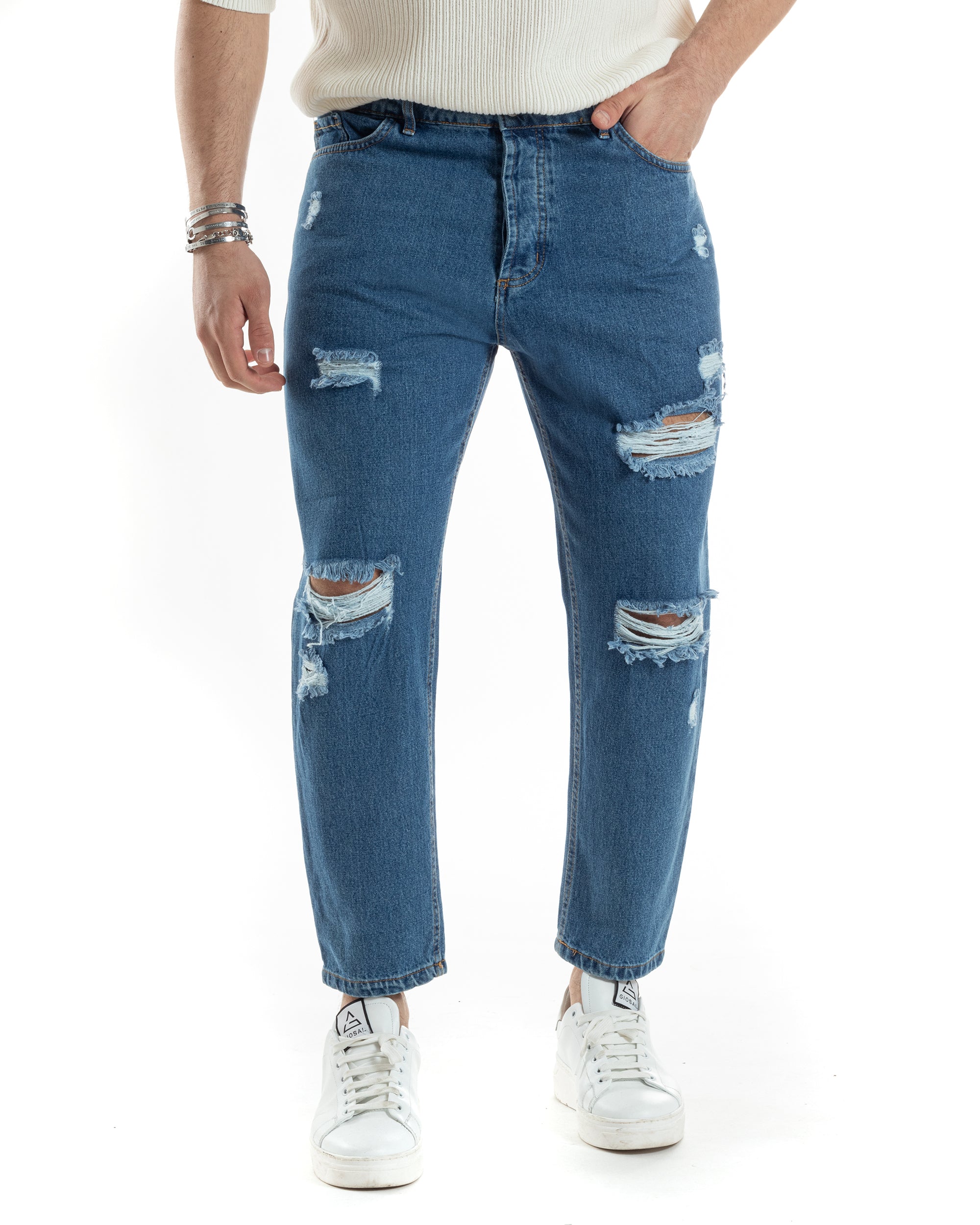 Pantaloni Jeans Uomo Straight Fit Denim Scuro Con Strappi Cinque Tasche Casual GIOSAL-JS1008A