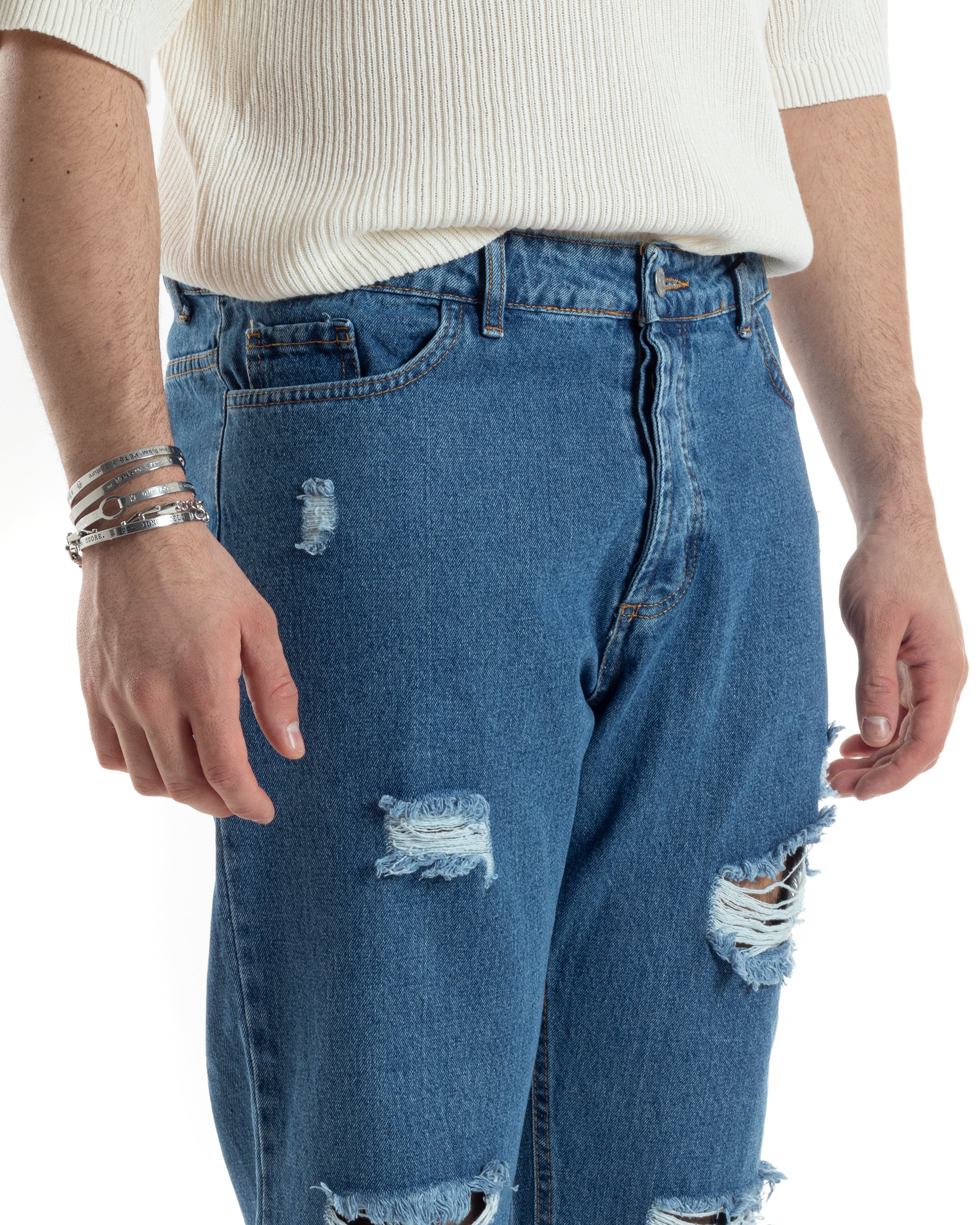 Pantaloni Jeans Uomo Straight Fit Denim Scuro Con Strappi Cinque Tasche Casual GIOSAL-JS1008A