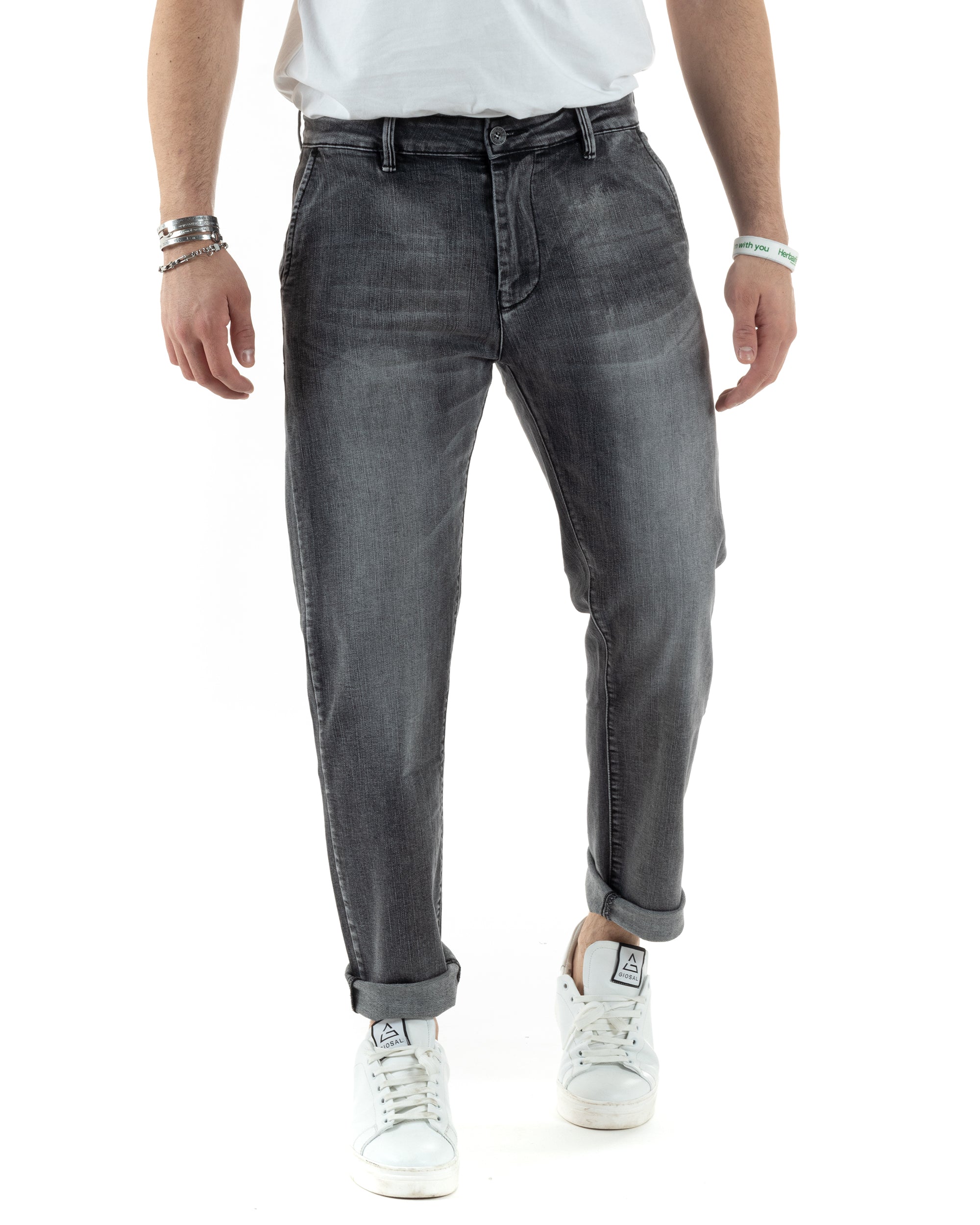 Pantaloni Uomo Jeans Tasca America Slim Fit Grigio Denim Stone Washed GIOSAL-JS1010A