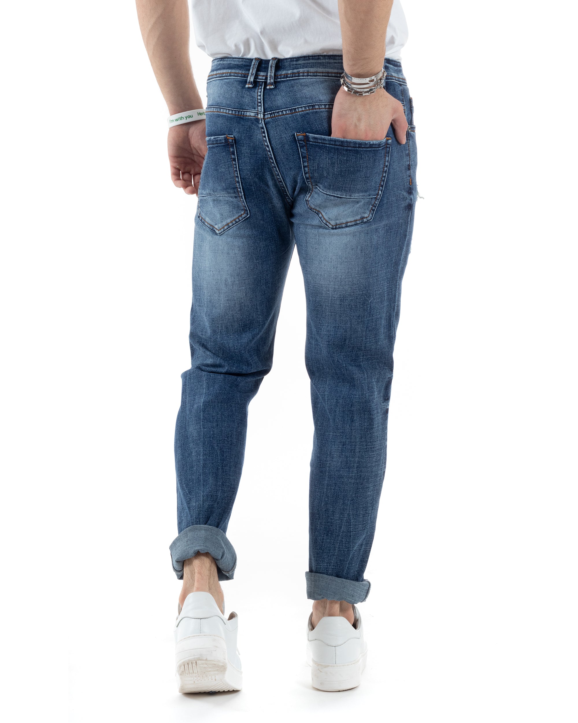 Pantaloni Uomo Jeans Con Rotture Cinque Tasche Slim Fit Blu Denim Stone Washed GIOSAL-JS1011A