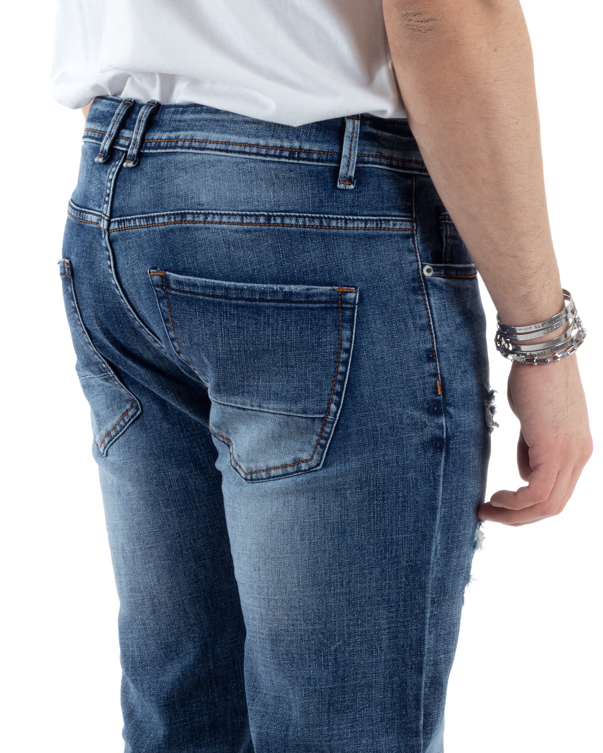 Pantaloni Uomo Jeans Con Rotture Cinque Tasche Slim Fit Blu Denim Stone Washed GIOSAL-JS1011A