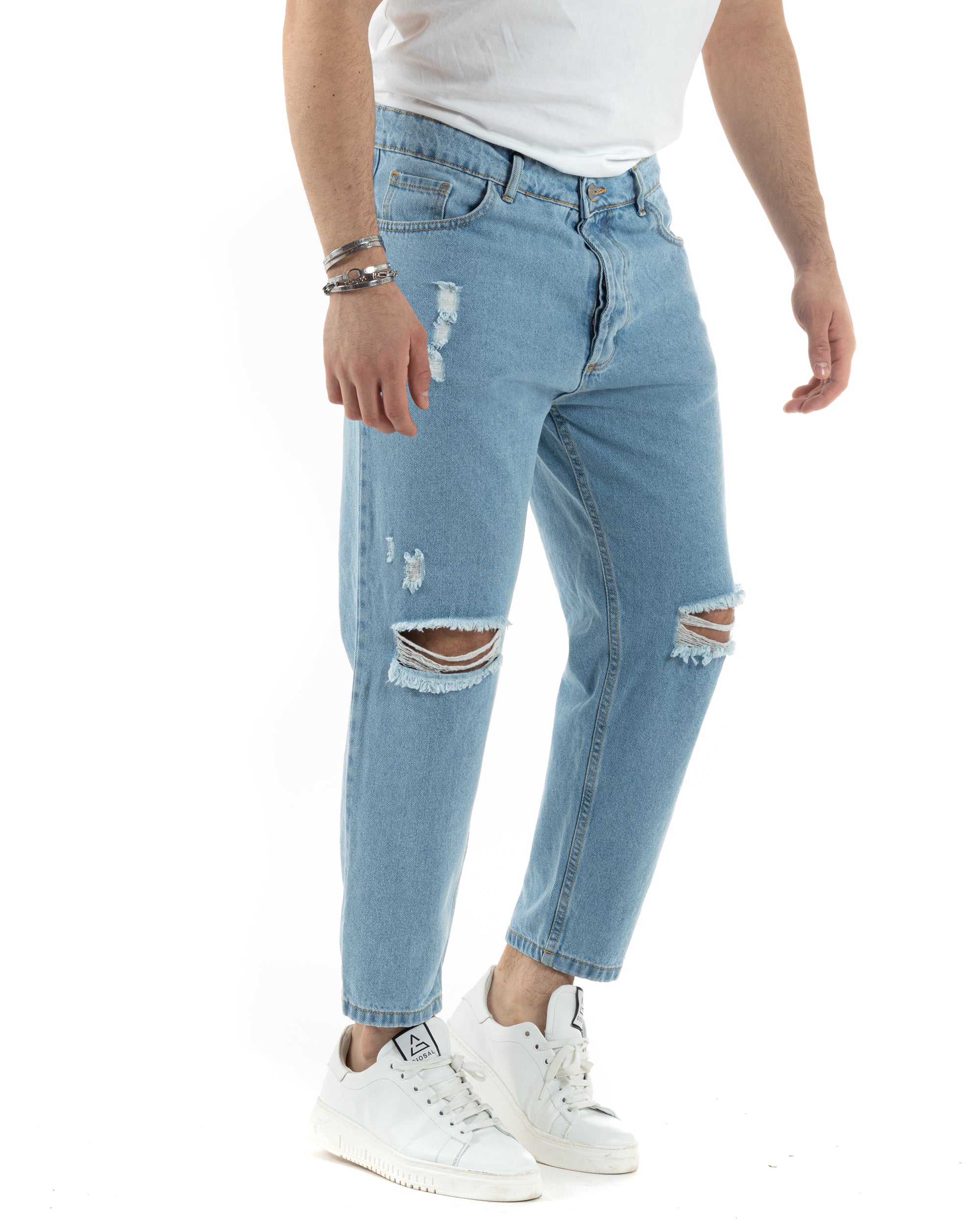 Pantaloni Jeans Uomo Straight Fit Denim Chiaro Con Strappi Cinque Tasche Casual GIOSAL-JS1012A