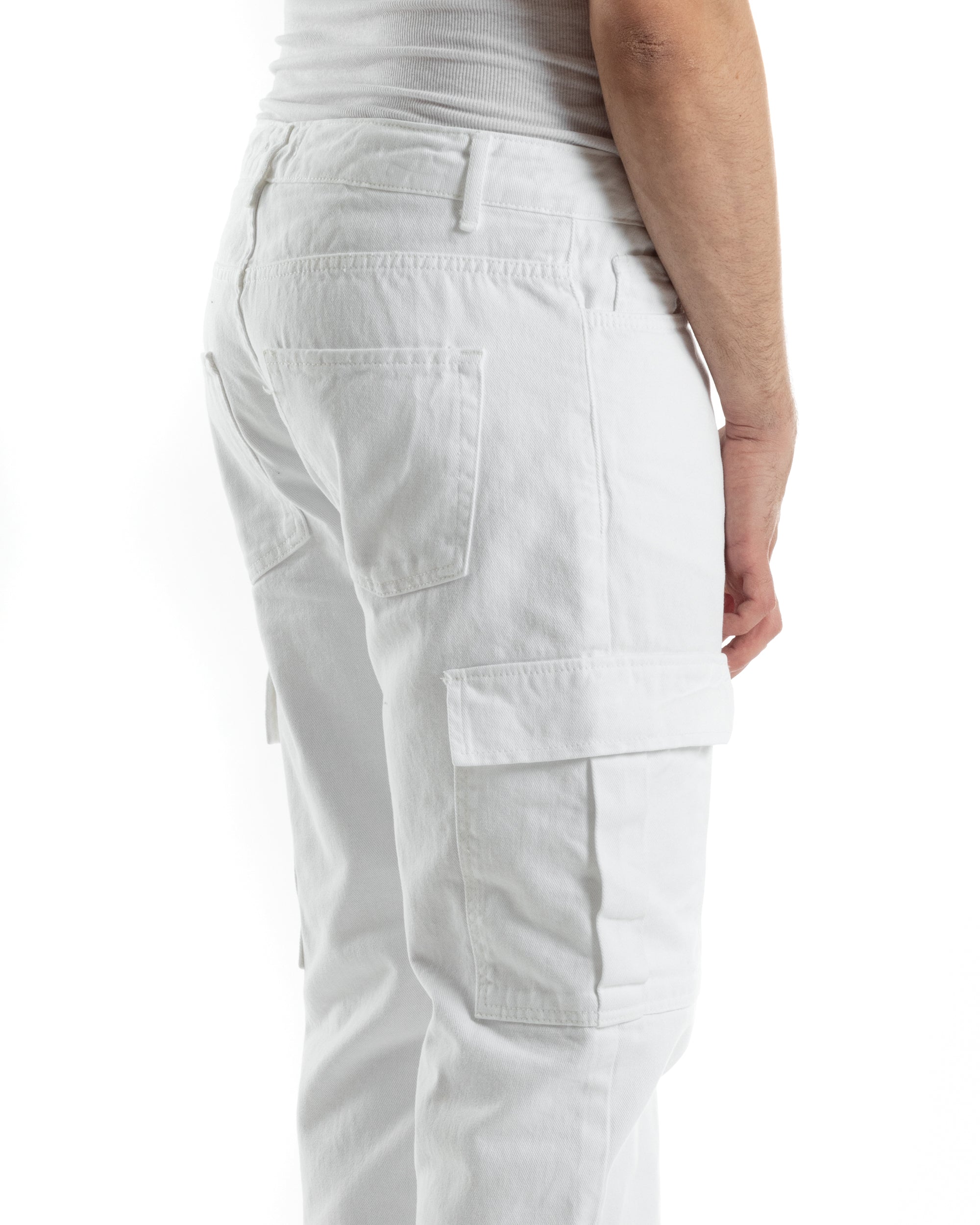 Pantaloni Uomo Cargo Tasconi Jeans Bianco Straight Fit Casual GIOSAL-JS1014A