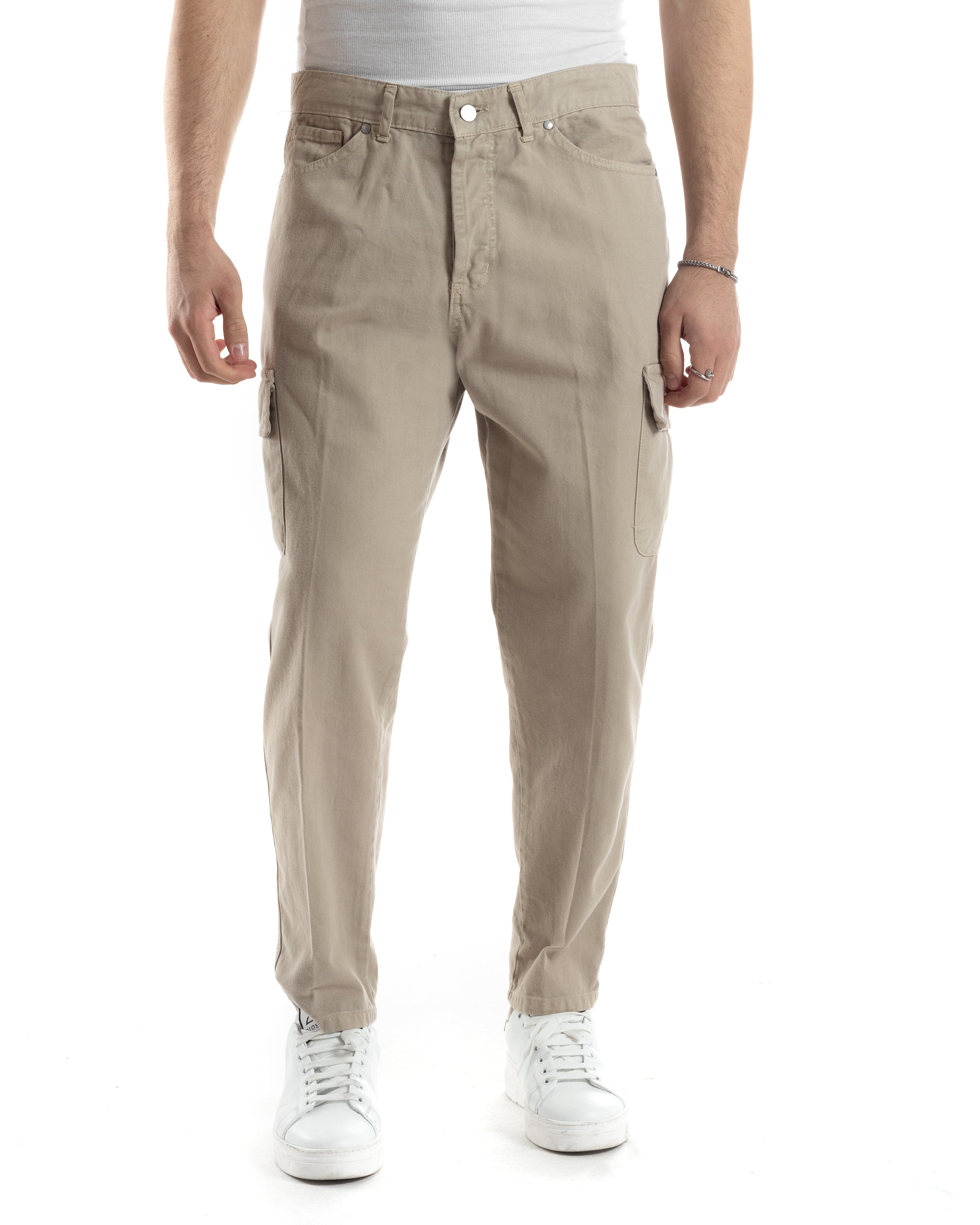 Pantaloni Uomo Cargo Tasconi Jeans Beige Straight Fit Casual GIOSAL-JS1016A