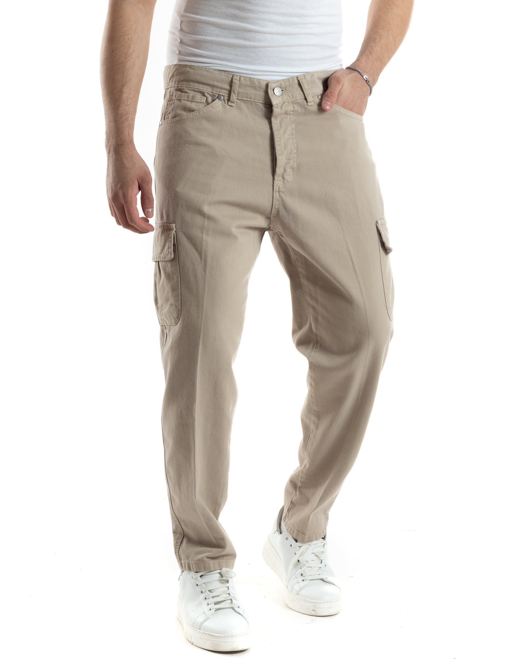 Pantaloni Uomo Cargo Tasconi Jeans Beige Straight Fit Casual GIOSAL-JS1016A