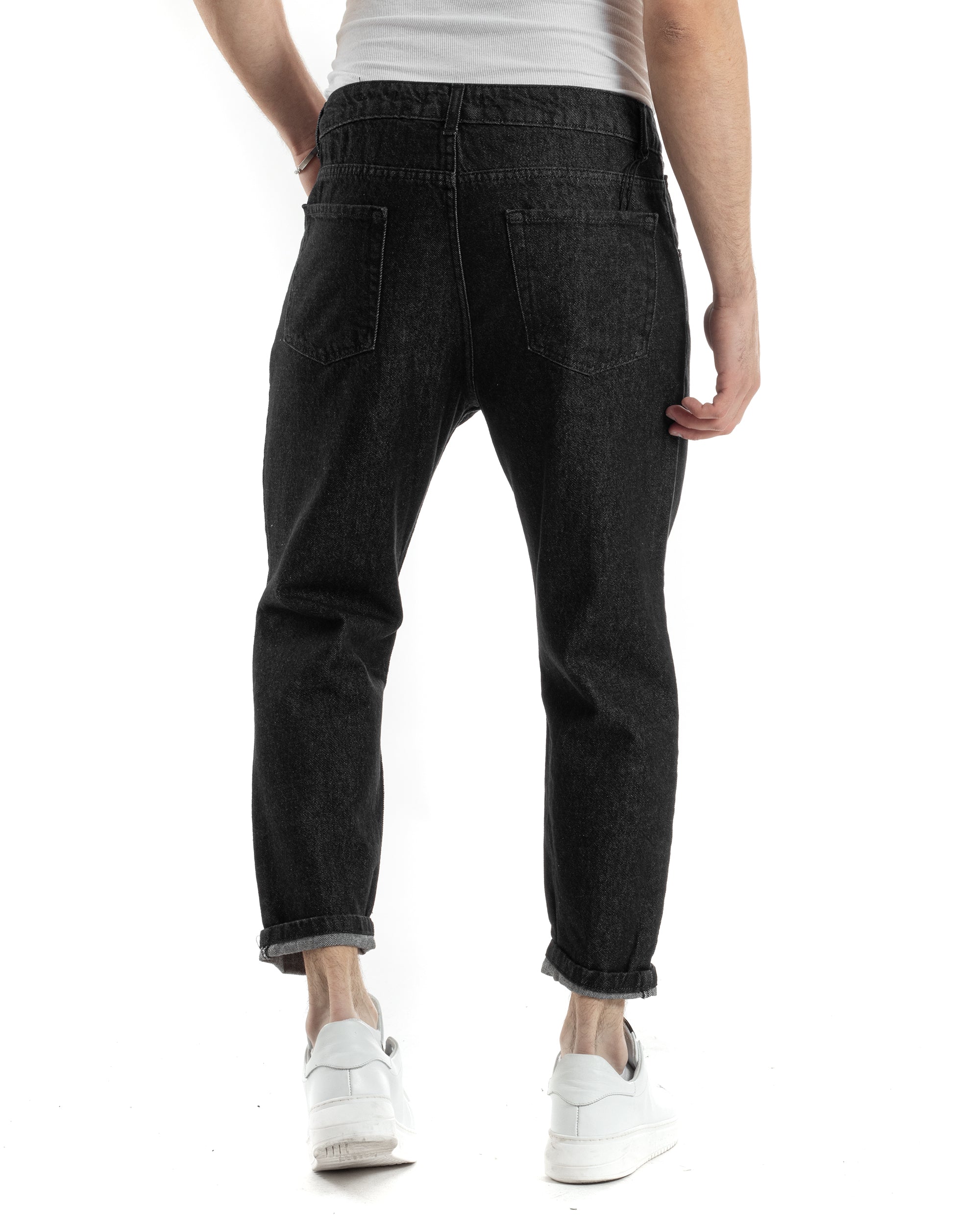 Pantaloni Jeans Uomo Straight Fit Taglio Al Ginocchio Denim Stonewashed Nero GIOSAL-JS1019A