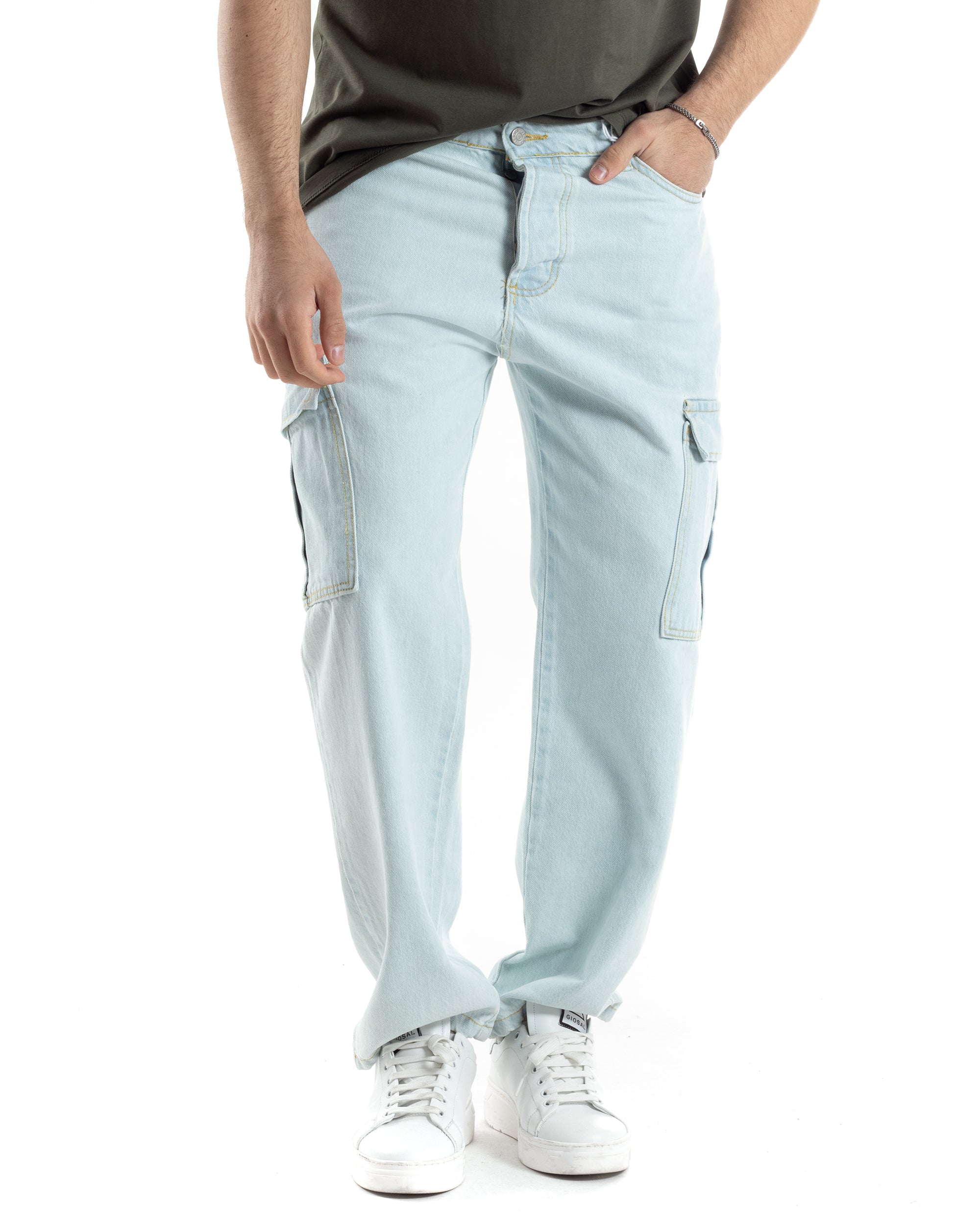 Pantaloni Uomo Cargo Tasconi Jeans Baggy Denim Chiaro Fondo Largo Ampio Casual GIOSAL-JS1020A