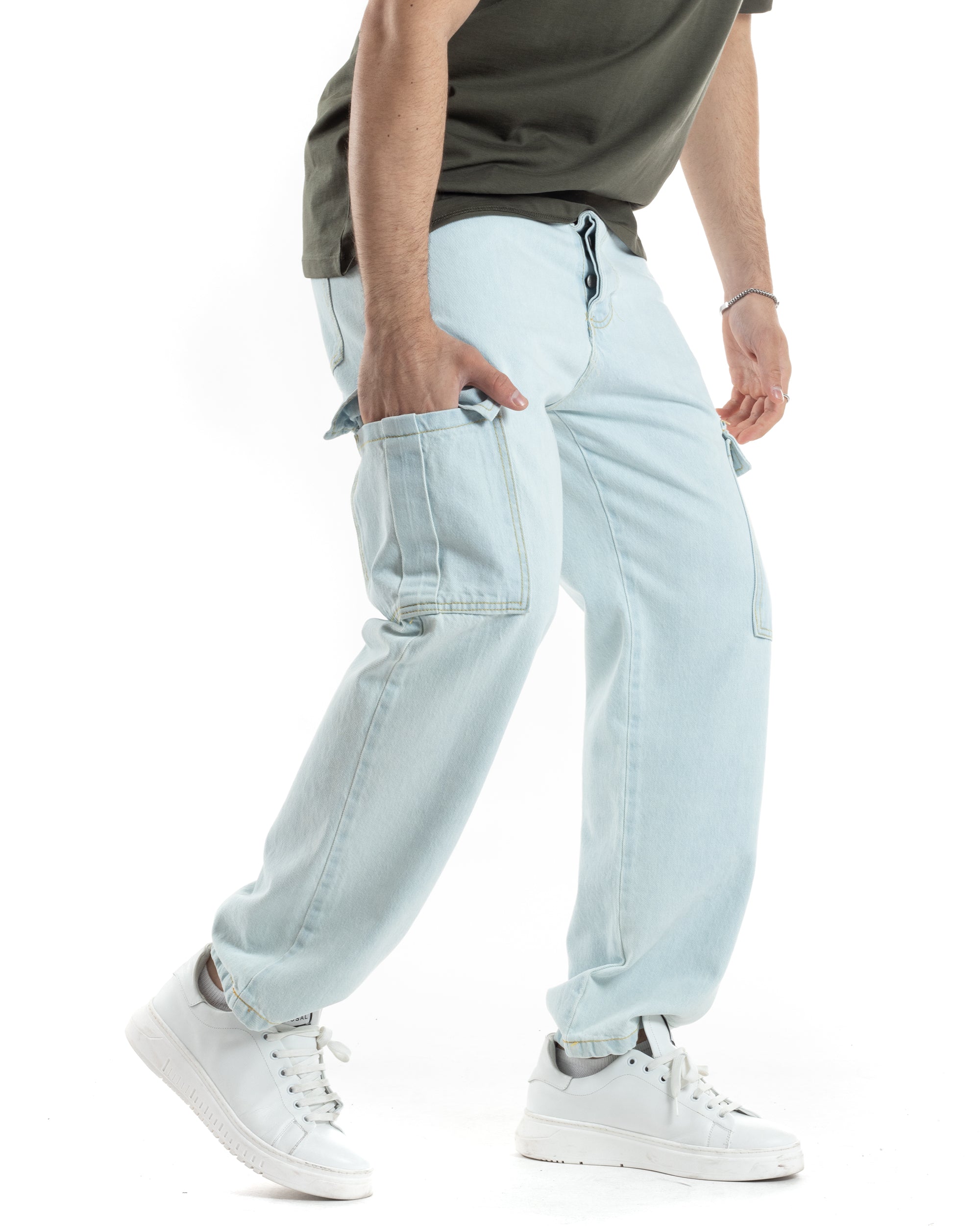 Pantaloni Uomo Cargo Tasconi Jeans Baggy Denim Chiaro Fondo Largo Ampio Casual GIOSAL-JS1020A