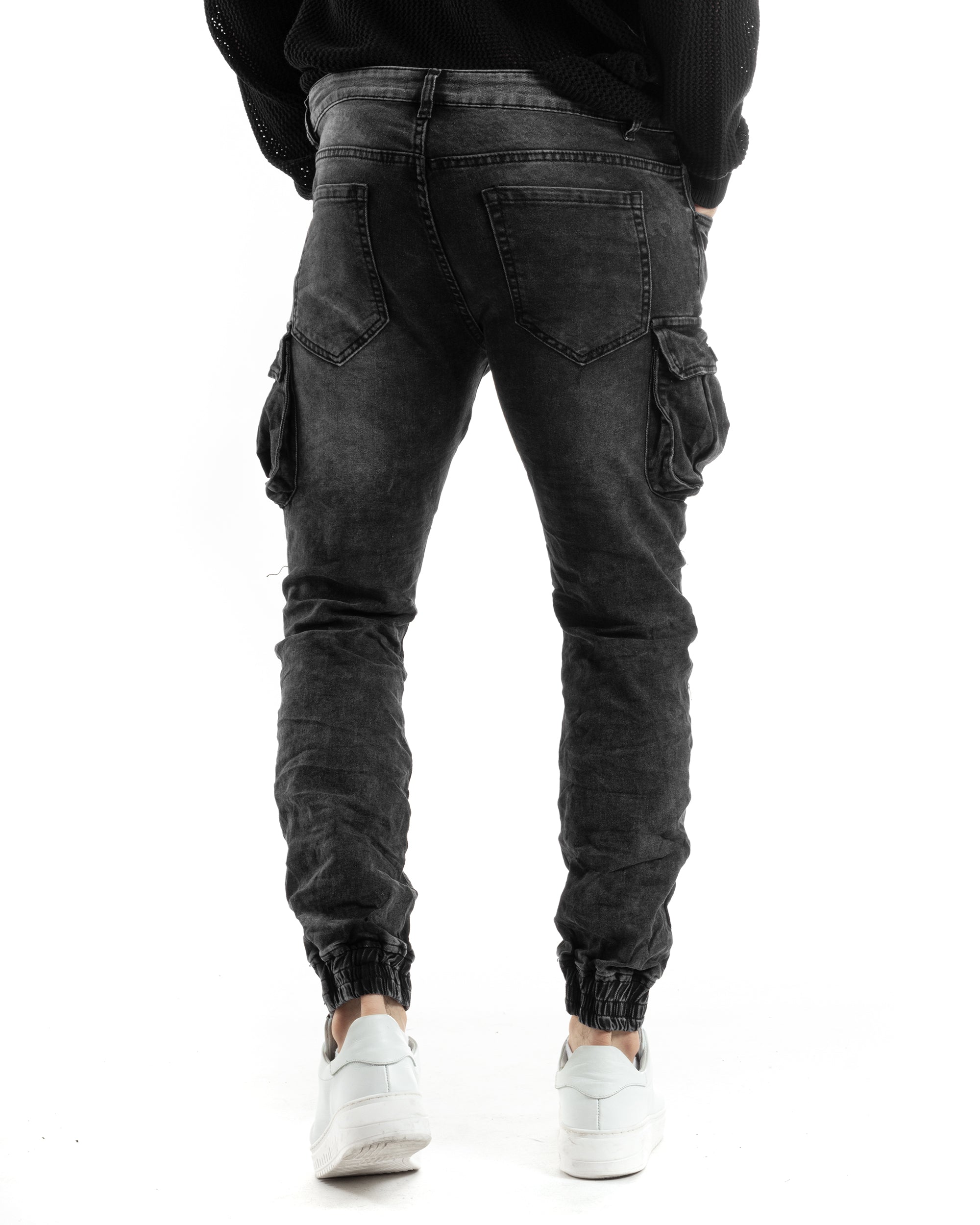 Pantaloni Uomo Jeans Con Tasconi Cargo Biker Con Zip Skinny Nero GIOSAL-JS1021A