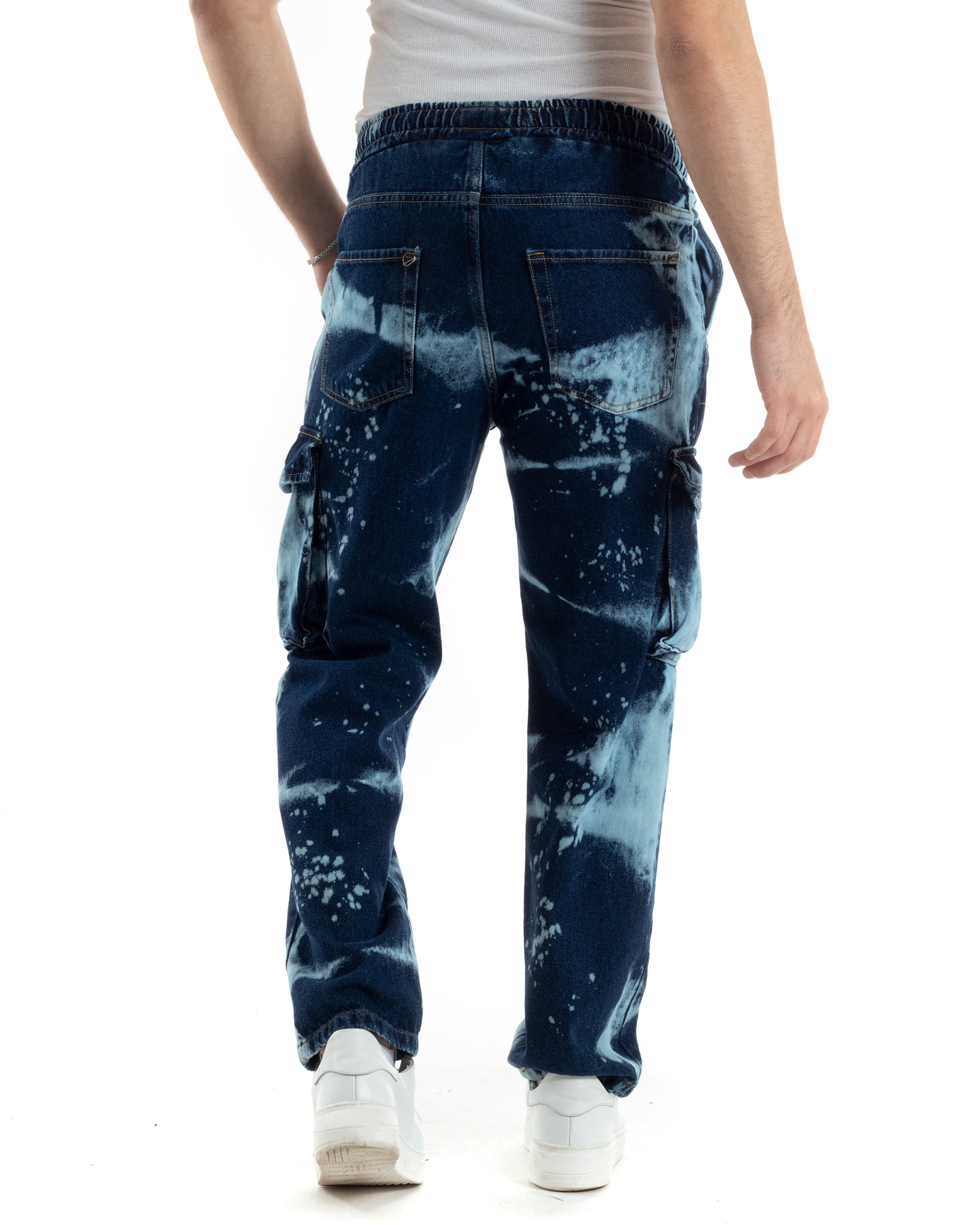 Pantaloni Uomo Cargo Tasconi Jeans Baggy Pantalaccio Denim Scuro Tie-Dye Casual GIOSAL-JS1023A