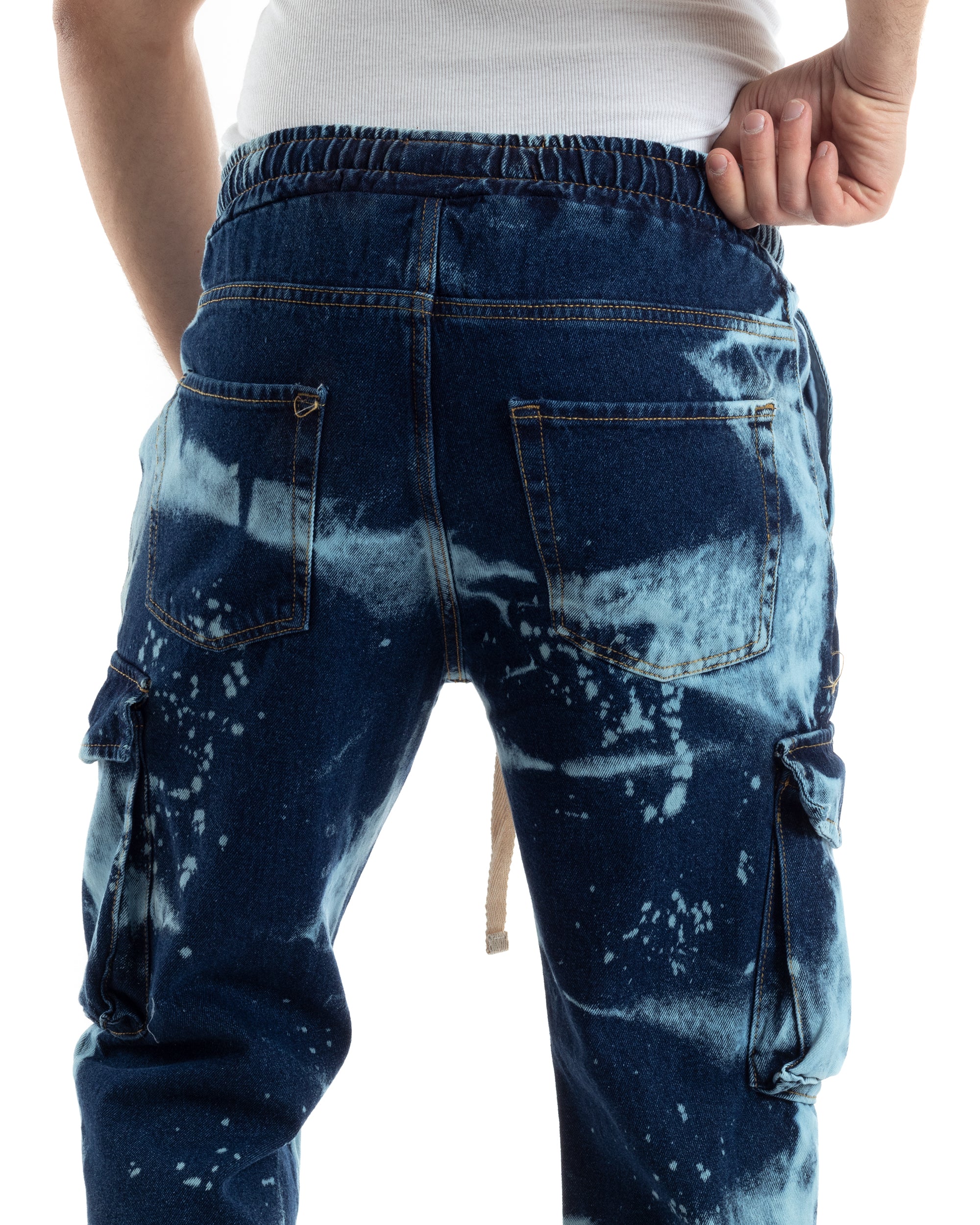 Pantaloni Uomo Cargo Tasconi Jeans Baggy Pantalaccio Denim Scuro Tie-Dye Casual GIOSAL-JS1023A