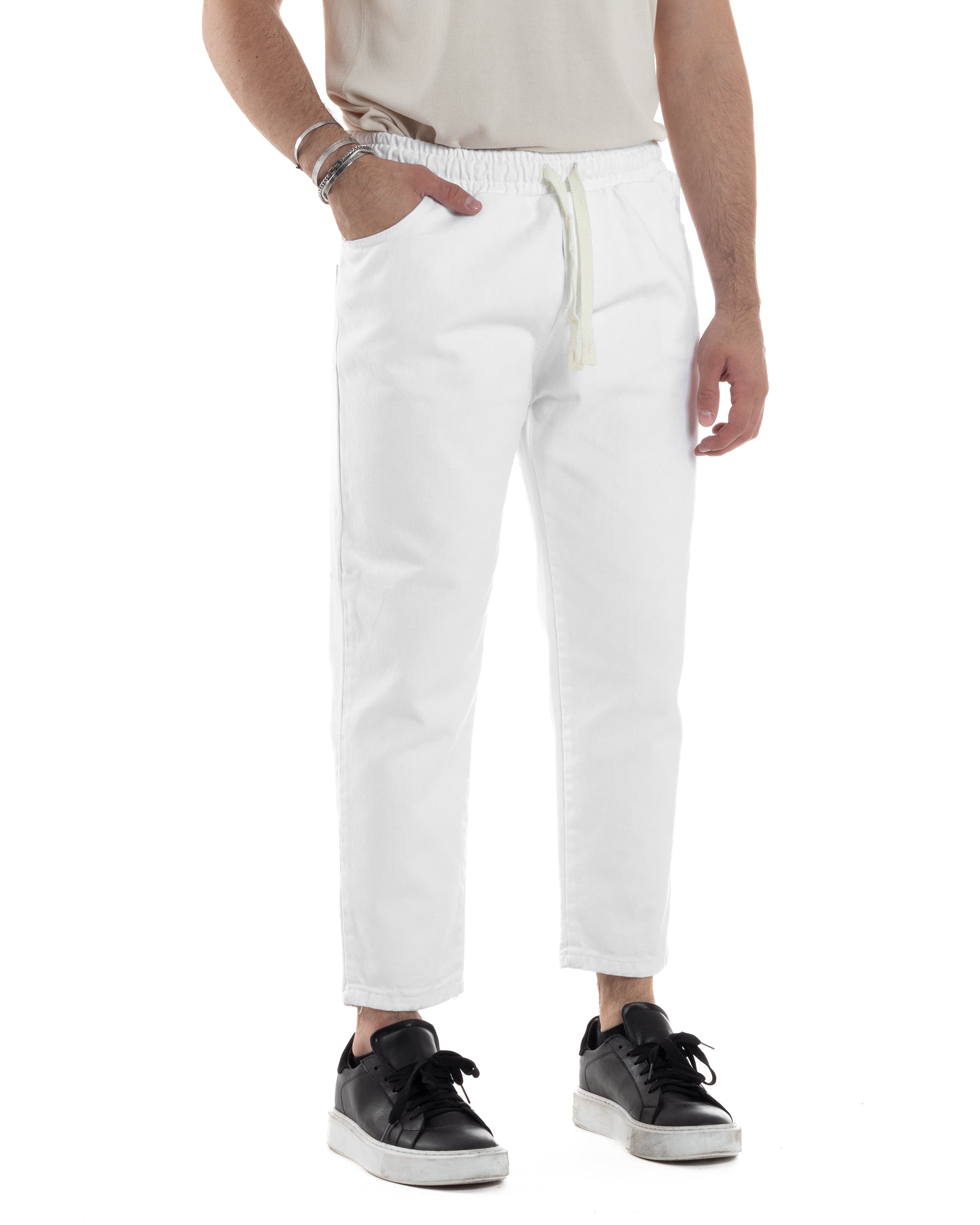 Pantaloni Jeans Uomo Regular Fit Pantalaccio Semplice Jogger Tinta Unita Bianco GIOSAL-JS1025A