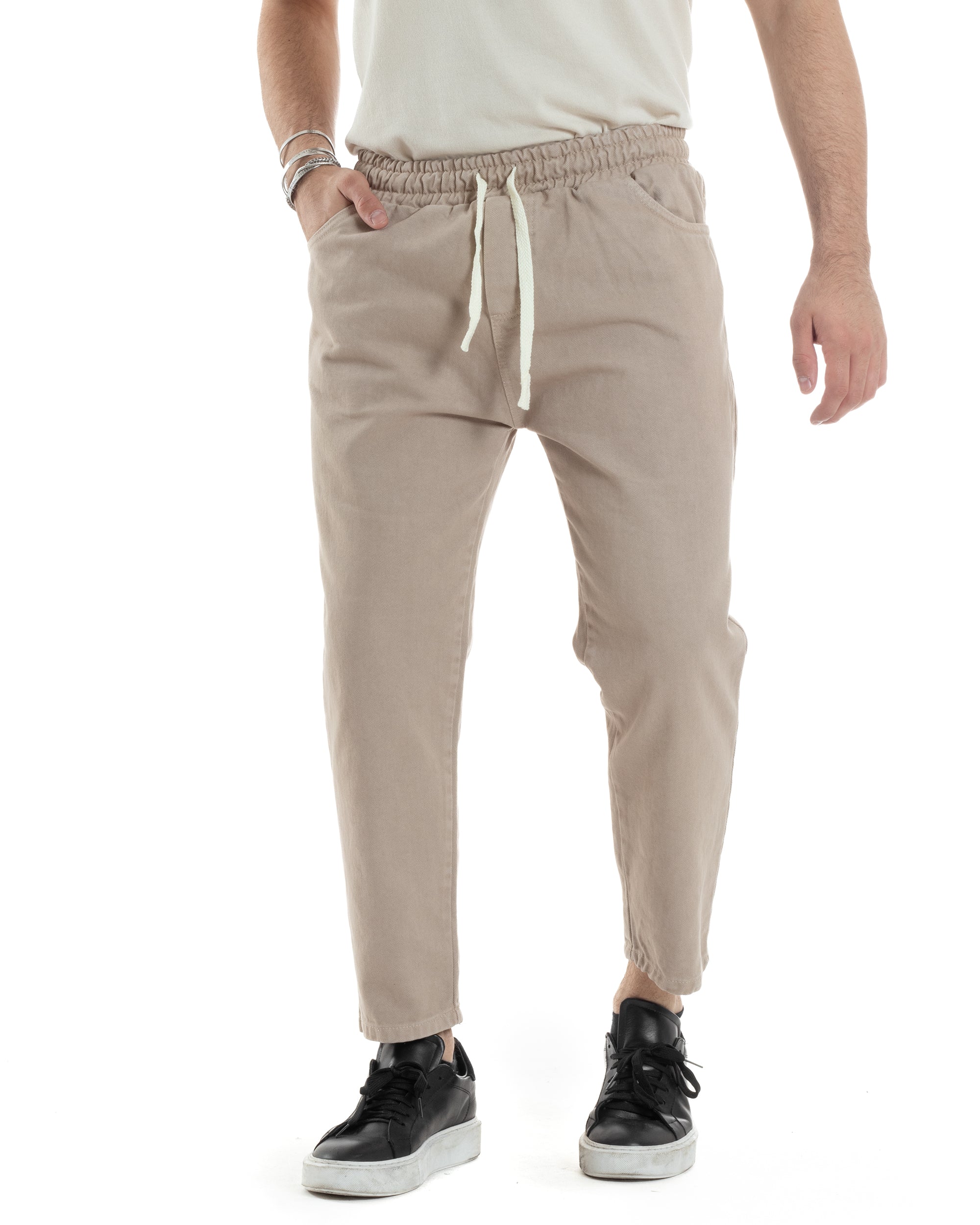 Pantaloni Jeans Uomo Regular Fit Pantalaccio Semplice Jogger Tinta Unita Beige GIOSAL-JS1027A