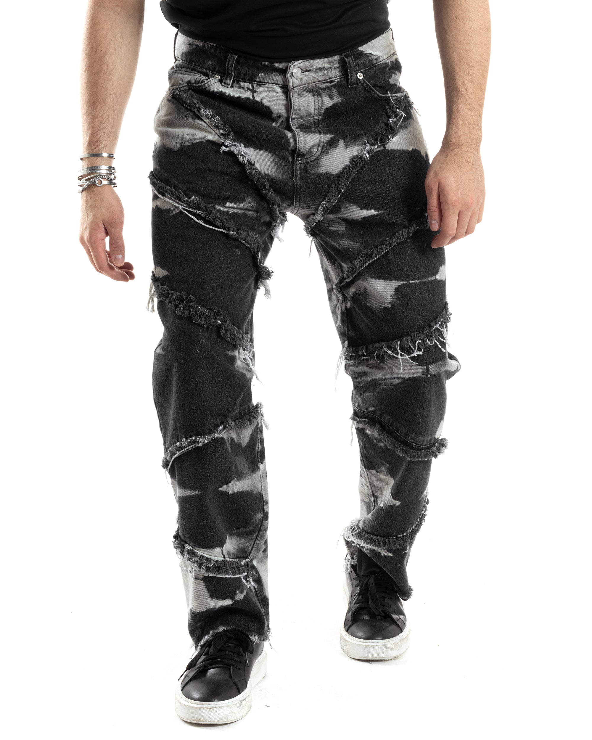 Pantaloni Uomo Jeans Baggy Sfrangiato Denim Nero Fondo Largo Ampio GIOSAL-JS1029A