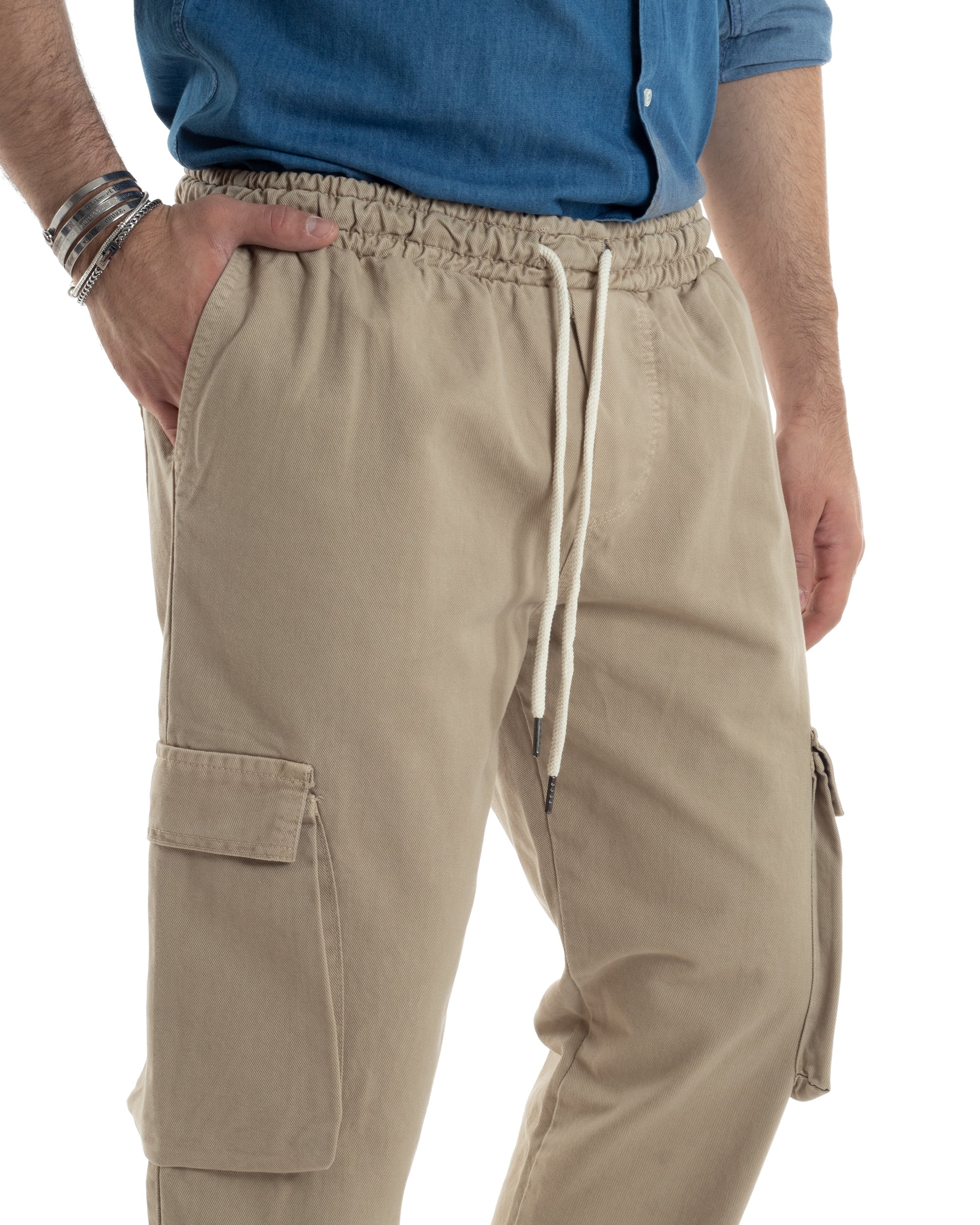 Pantaloni Jeans Uomo Regular Fit Pantalaccio Cargo Jogger Con Tasconi Tinta Unita Beige GIOSAL-JS1031A