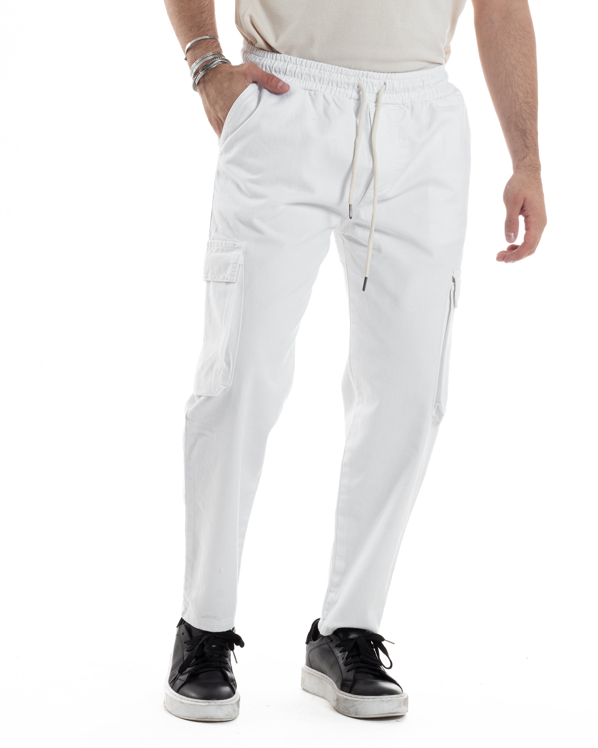 Pantaloni Jeans Uomo Regular Fit Pantalaccio Cargo Jogger Con Tasconi Tinta Unita Bianco GIOSAL-JS1032A