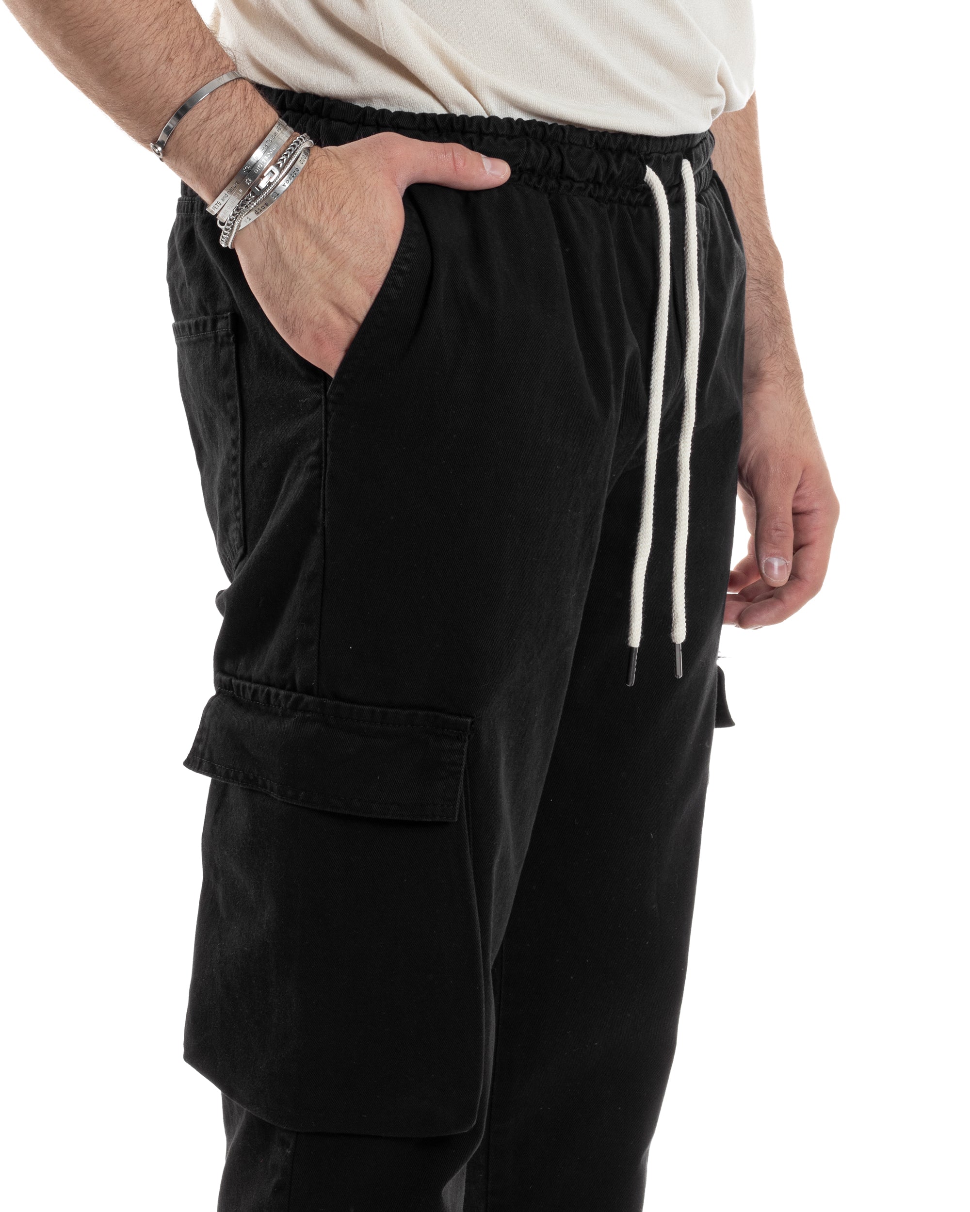 Pantaloni Jeans Uomo Regular Fit Pantalaccio Cargo Jogger Con Tasconi Tinta Unita Nero GIOSAL-JS1033A