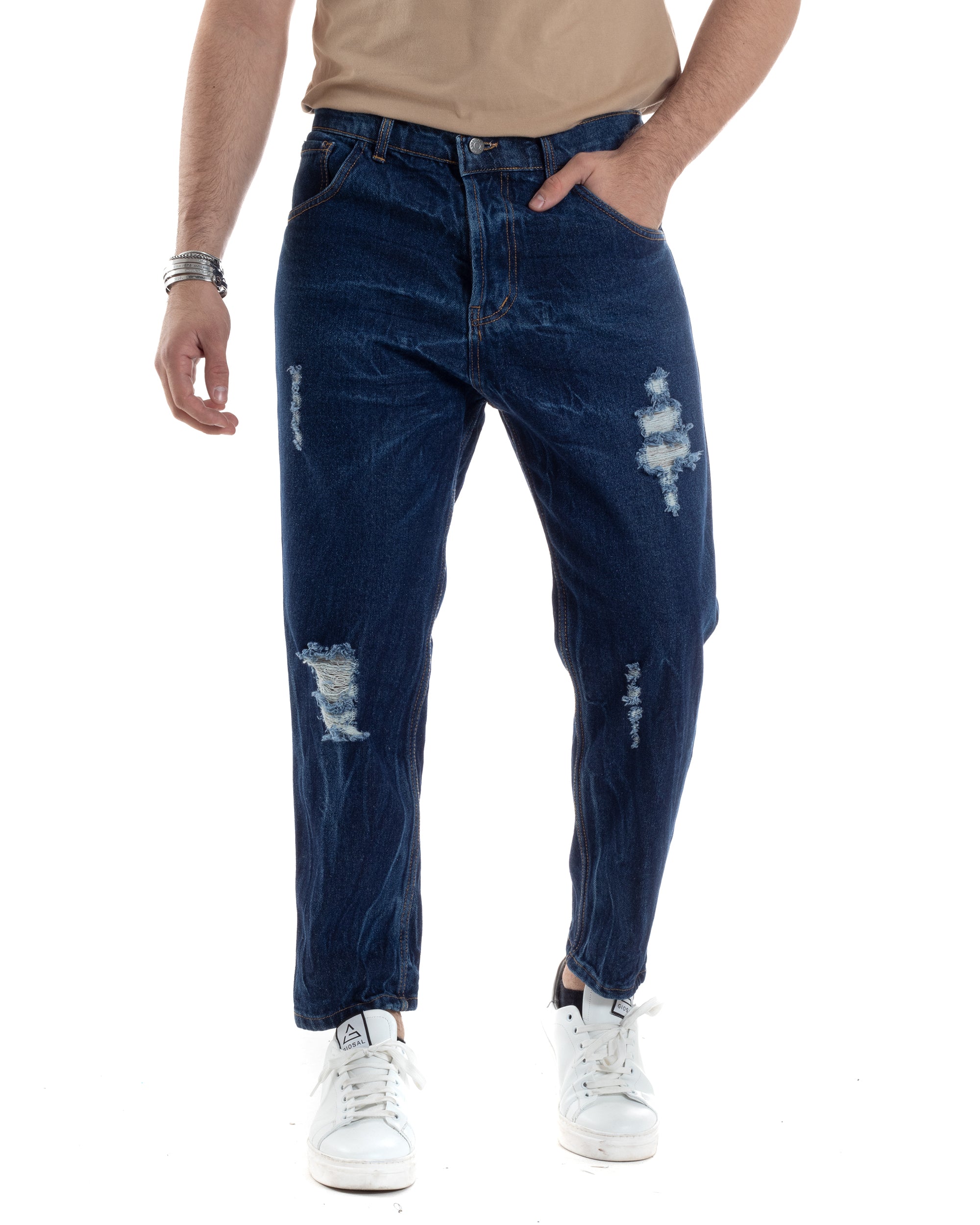 Men's Jeans Trousers Loose Fit Dark Denim With Rips Five Pockets GIOSAL-P5556A
