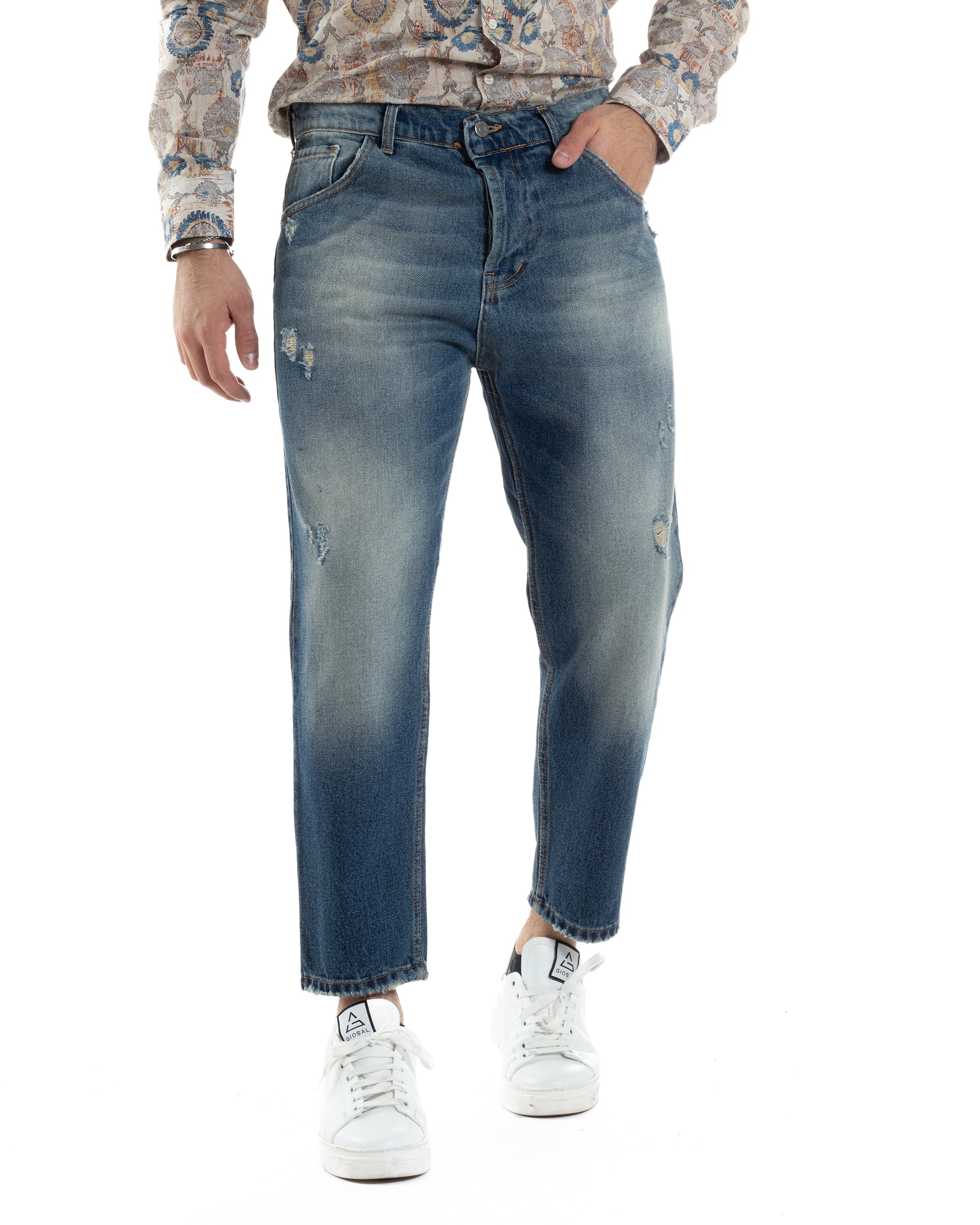 Men's Jeans Trousers Loose Fit Sanded Denim With Rips Five Pockets GIOSAL-P5586A