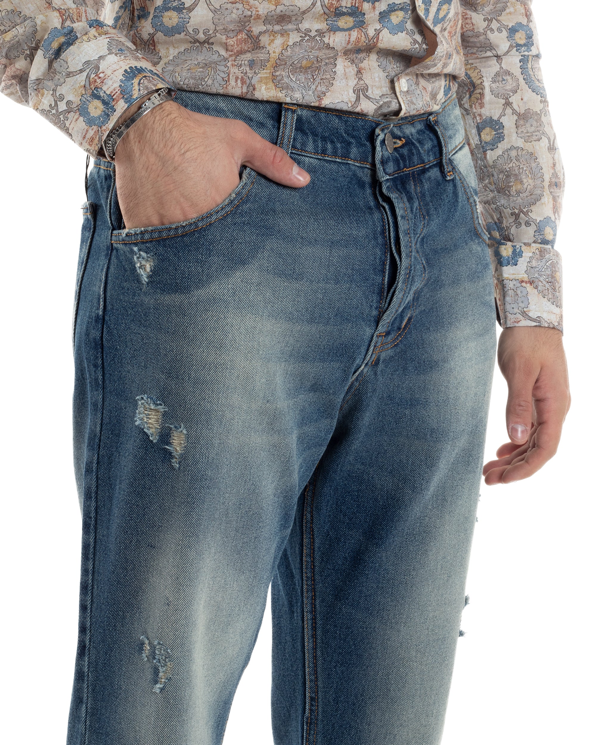 Pantaloni Jeans Uomo Loose Fit Denim Sabbiato Con Rotture Cinque Tasche GIOSAL-JS1035A