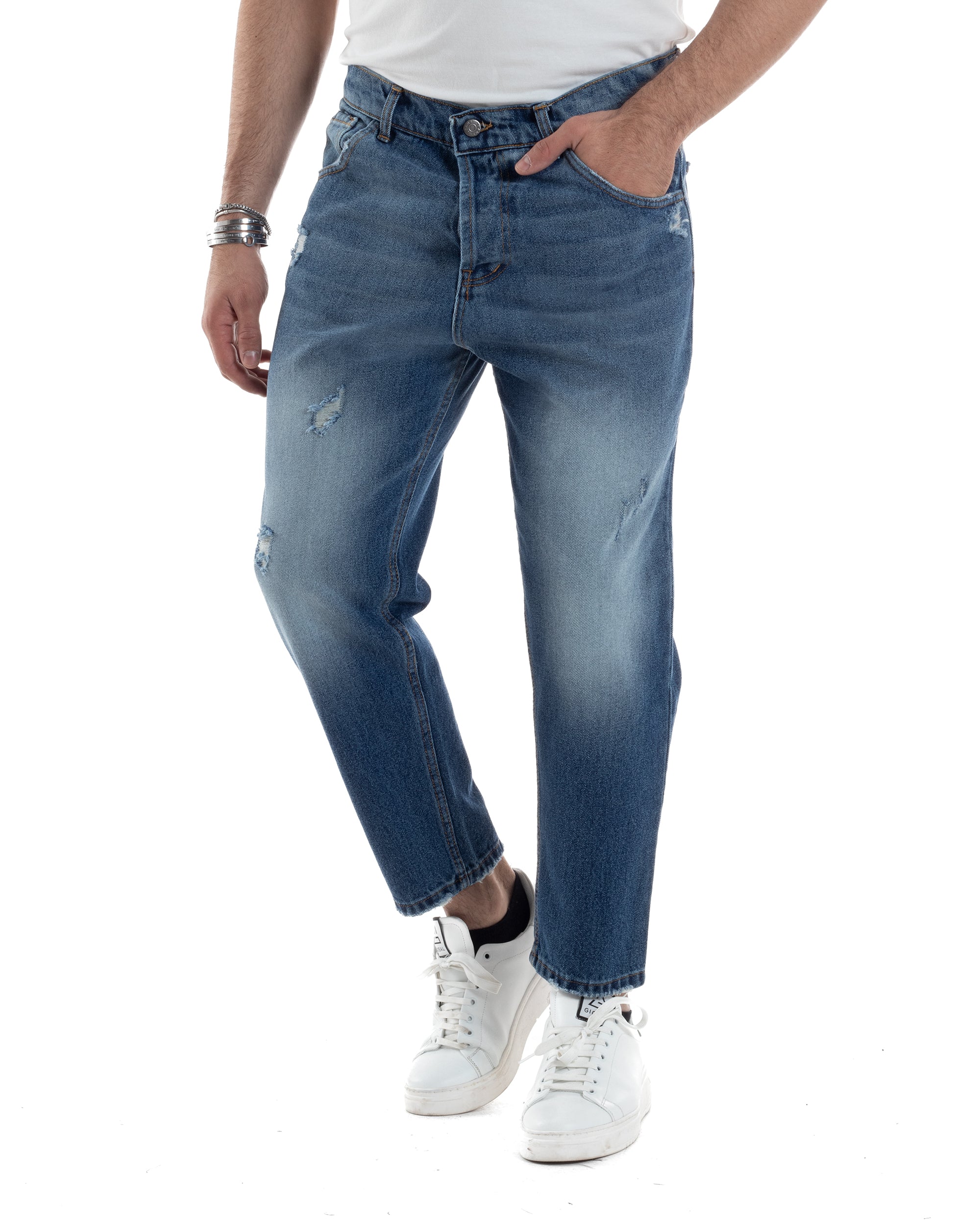 Pantaloni Jeans Uomo Loose Fit Denim Basic Blu Cinque Tasche Con Rotture GIOSAL-JS1037A