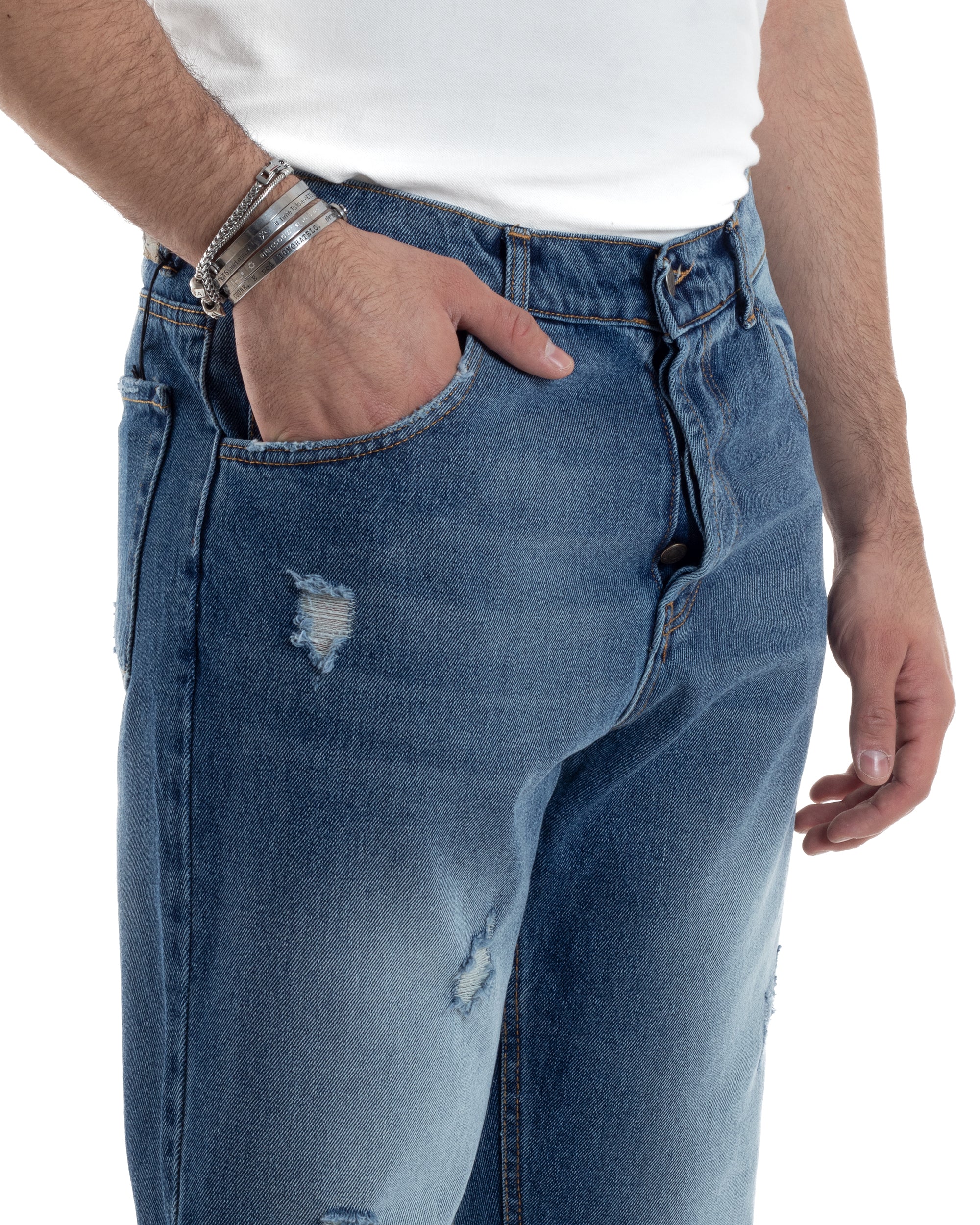 Pantaloni Jeans Uomo Loose Fit Denim Basic Blu Cinque Tasche Con Rotture GIOSAL-JS1037A