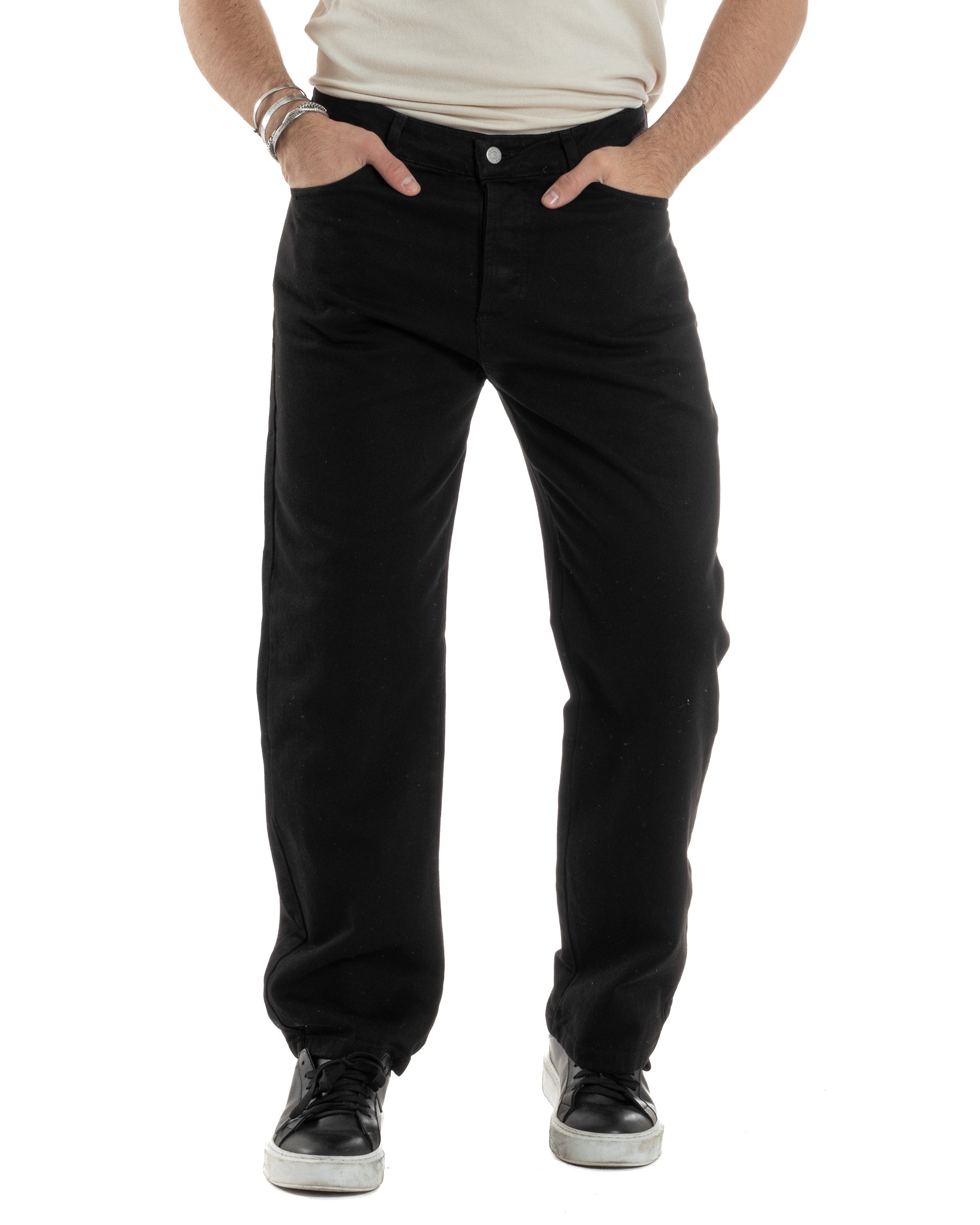 Pantaloni Uomo Jeans Straight Fit Baggy Basic Cinque Tasche Nero GIOSAL-JS1038A