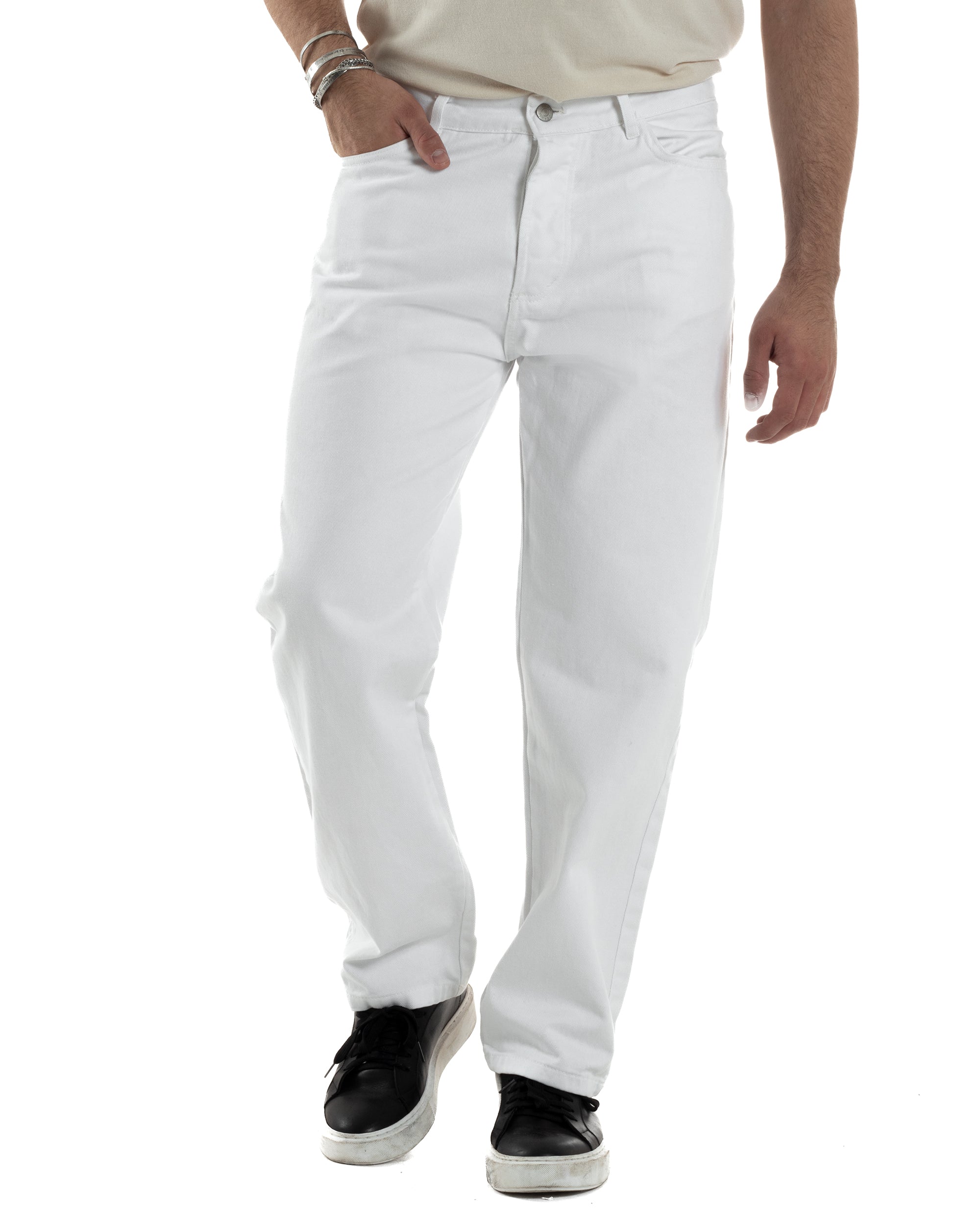 Pantaloni Uomo Jeans Straight Fit Baggy Basic Cinque Tasche Bianco GIOSAL-JS1039A