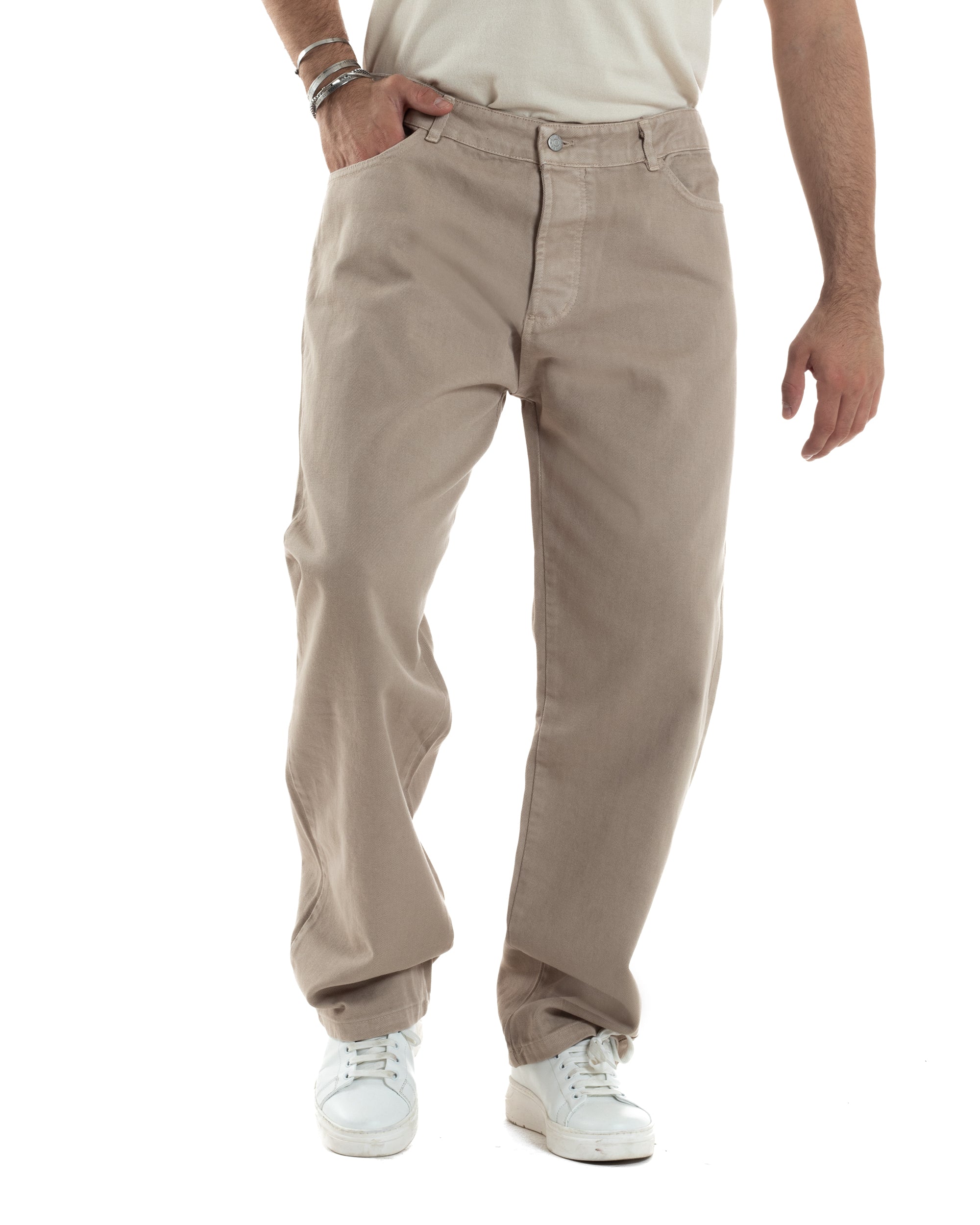 Pantaloni Uomo Jeans Straight Fit Baggy Basic Cinque Tasche Beige GIOSAL-JS1040A