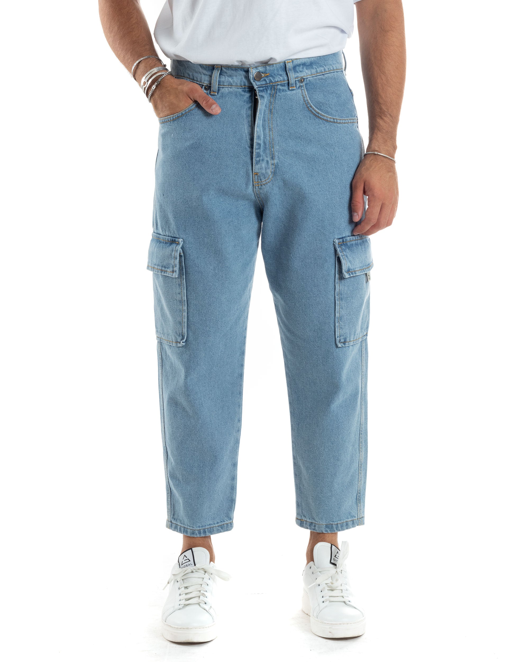 Pantaloni Jeans Uomo Cargo Straight Fit Alla Caviglia Casual Basic Cinque Tasche Con Tasche Tasconi Denim GIOSAL-JS1041A