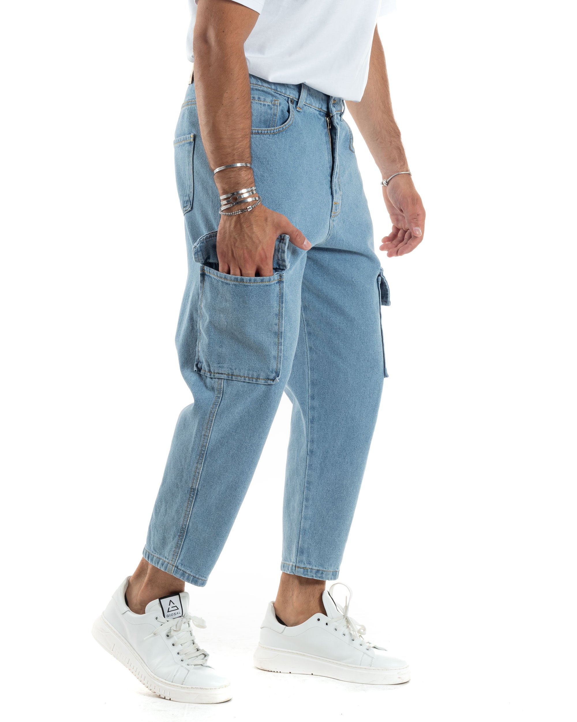 Pantaloni Jeans Uomo Cargo Straight Fit Alla Caviglia Casual Basic Cinque Tasche Con Tasche Tasconi Denim GIOSAL-JS1041A
