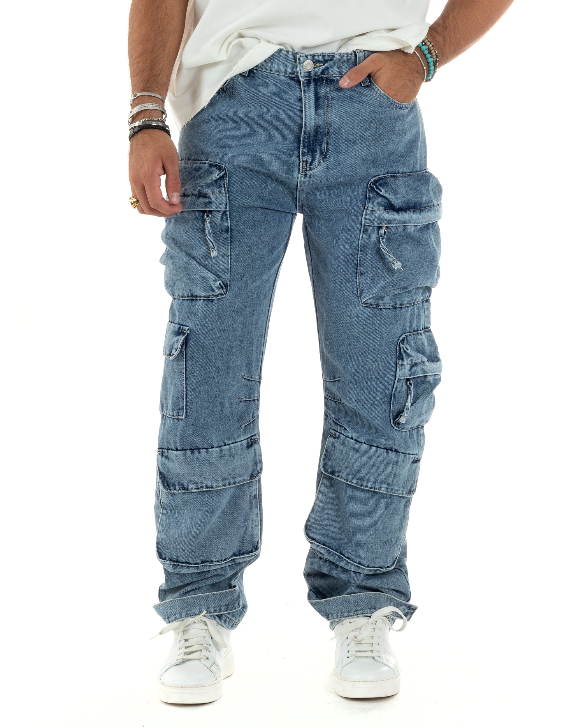 Pantaloni Uomo Cargo Tasconi Multitasche Pocket Jeans Baggy Denim Fondo Largo Ampio GIOSAL-JS1042A