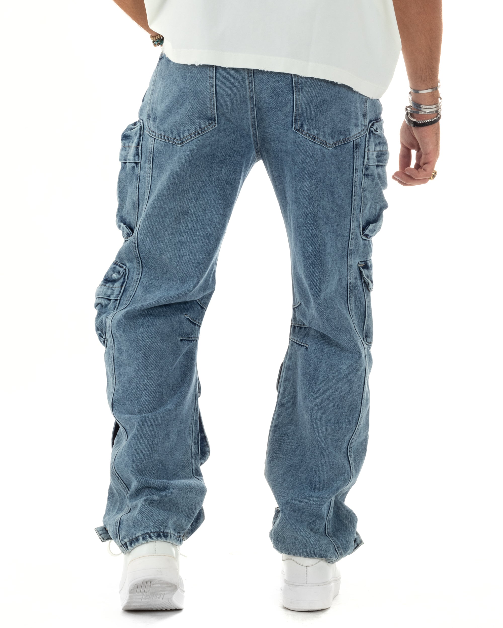 Pantaloni Uomo Cargo Tasconi Multitasche Pocket Jeans Baggy Denim Fondo Largo Ampio GIOSAL-JS1042A