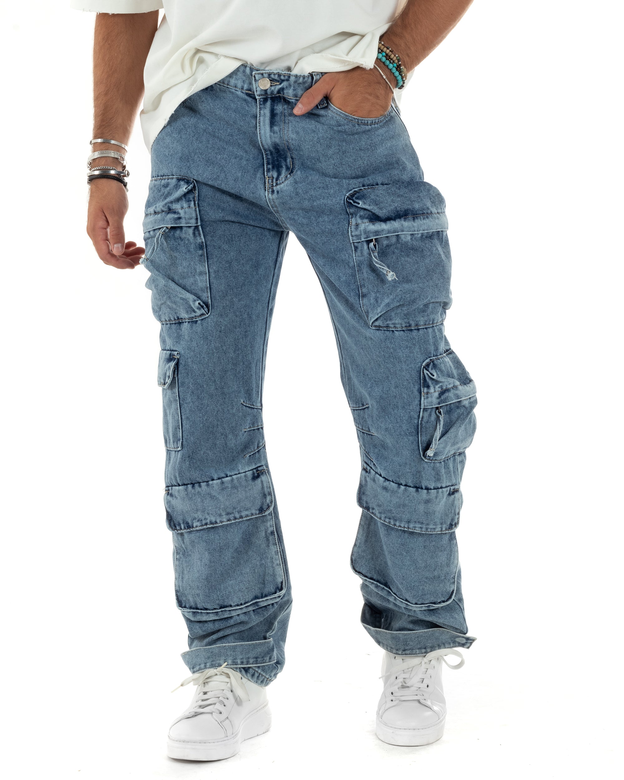 Pantaloni Uomo Cargo Tasconi Multitasche Pocket Jeans Baggy Denim Fondo Largo Ampio GIOSAL-JS1042A