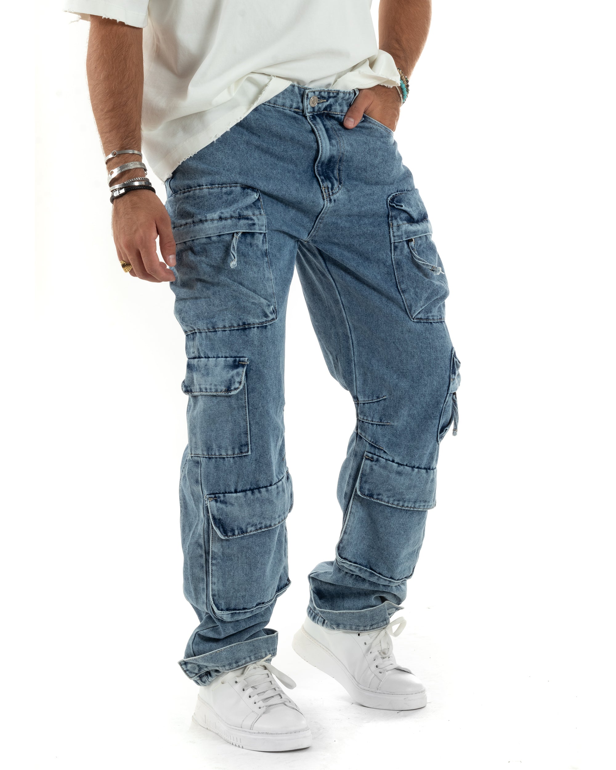 Pantaloni Uomo Cargo Tasconi Multitasche Pocket Jeans Baggy Denim Fondo Largo Ampio GIOSAL-JS1042A