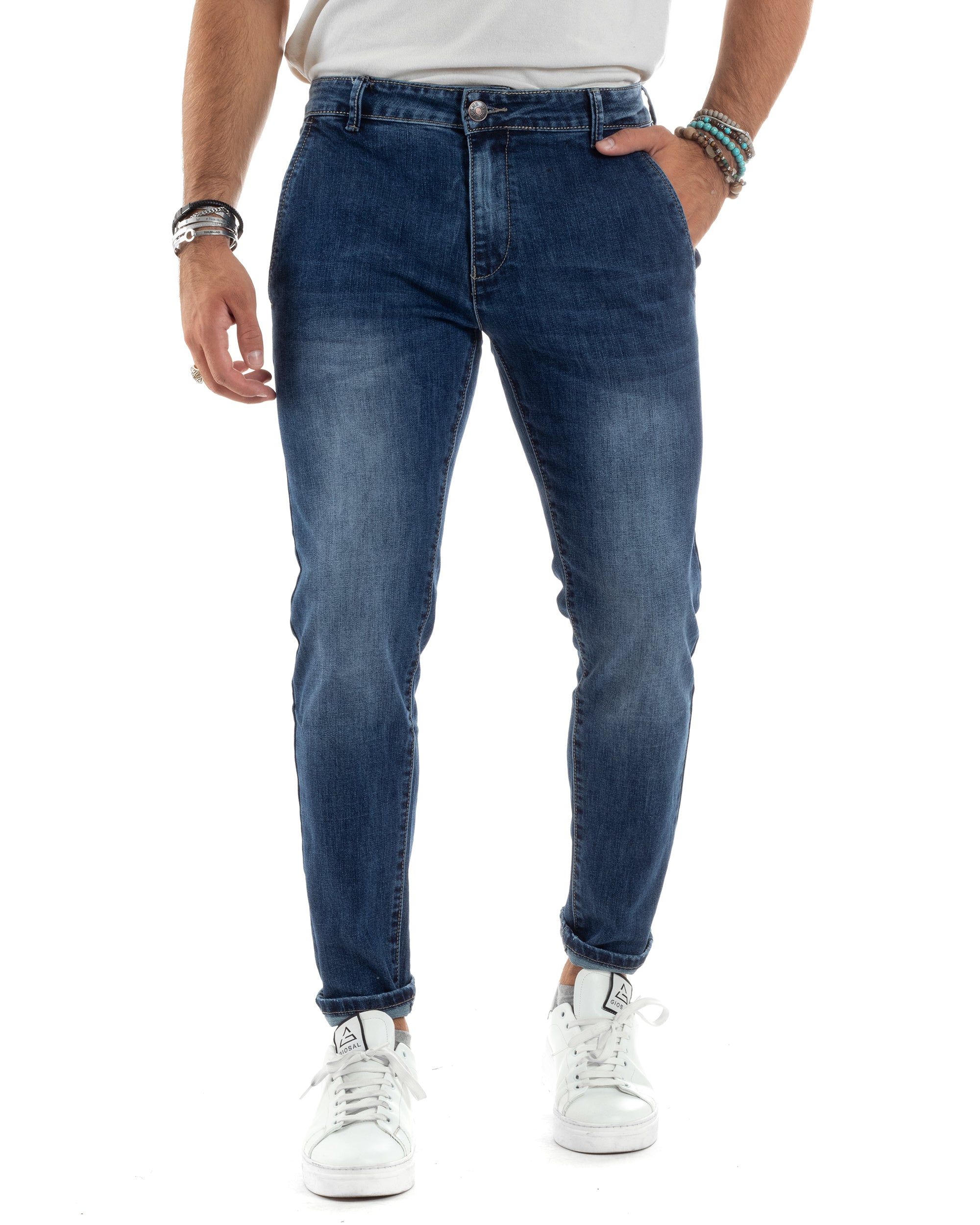 Pantaloni Uomo Jeans Tasca America Slim Fit Denim Stone Washed Capri Blu GIOSAL-JS1043A