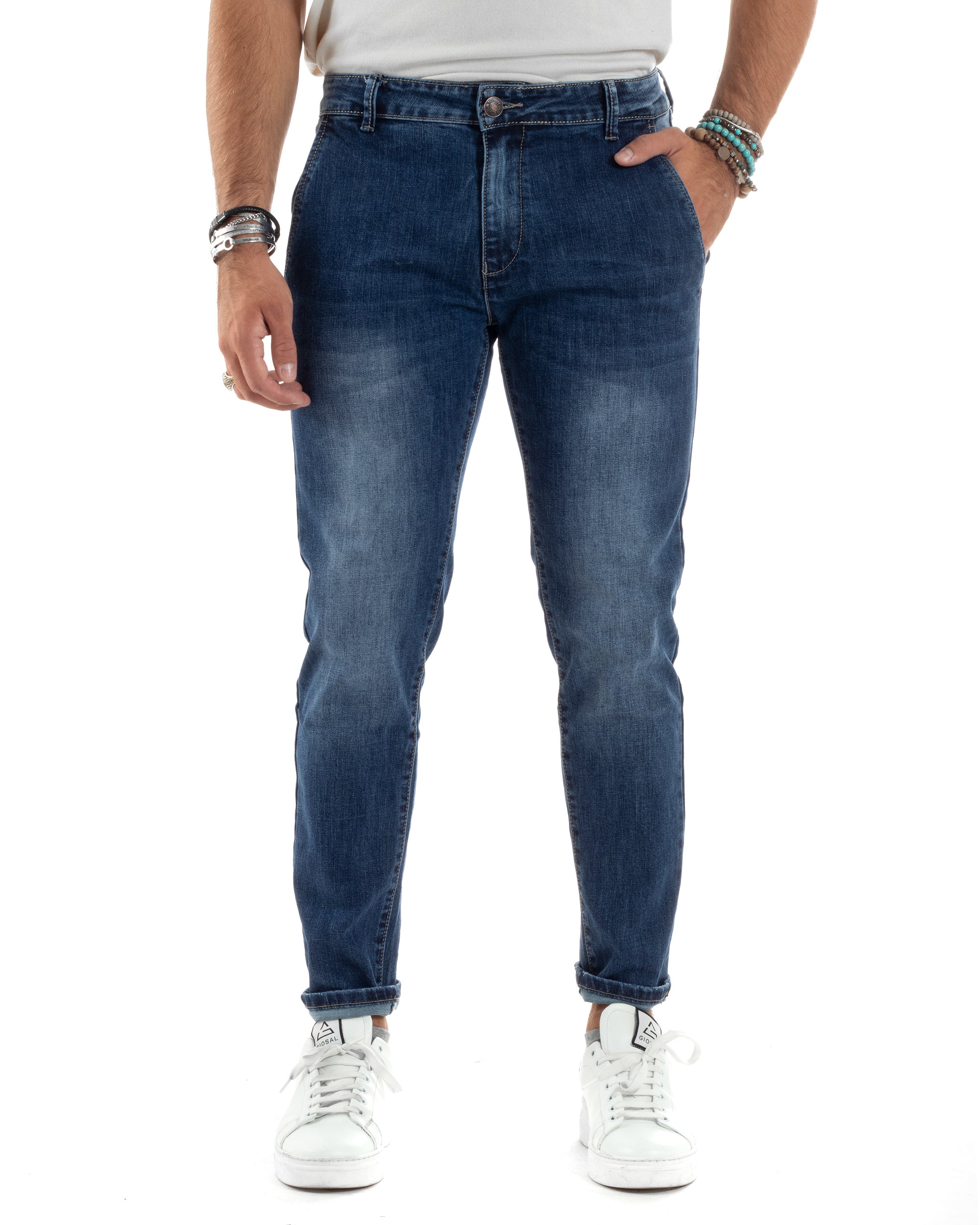 Pantaloni Uomo Jeans Tasca America Slim Fit Denim Stone Washed Capri Blu GIOSAL-JS1043A